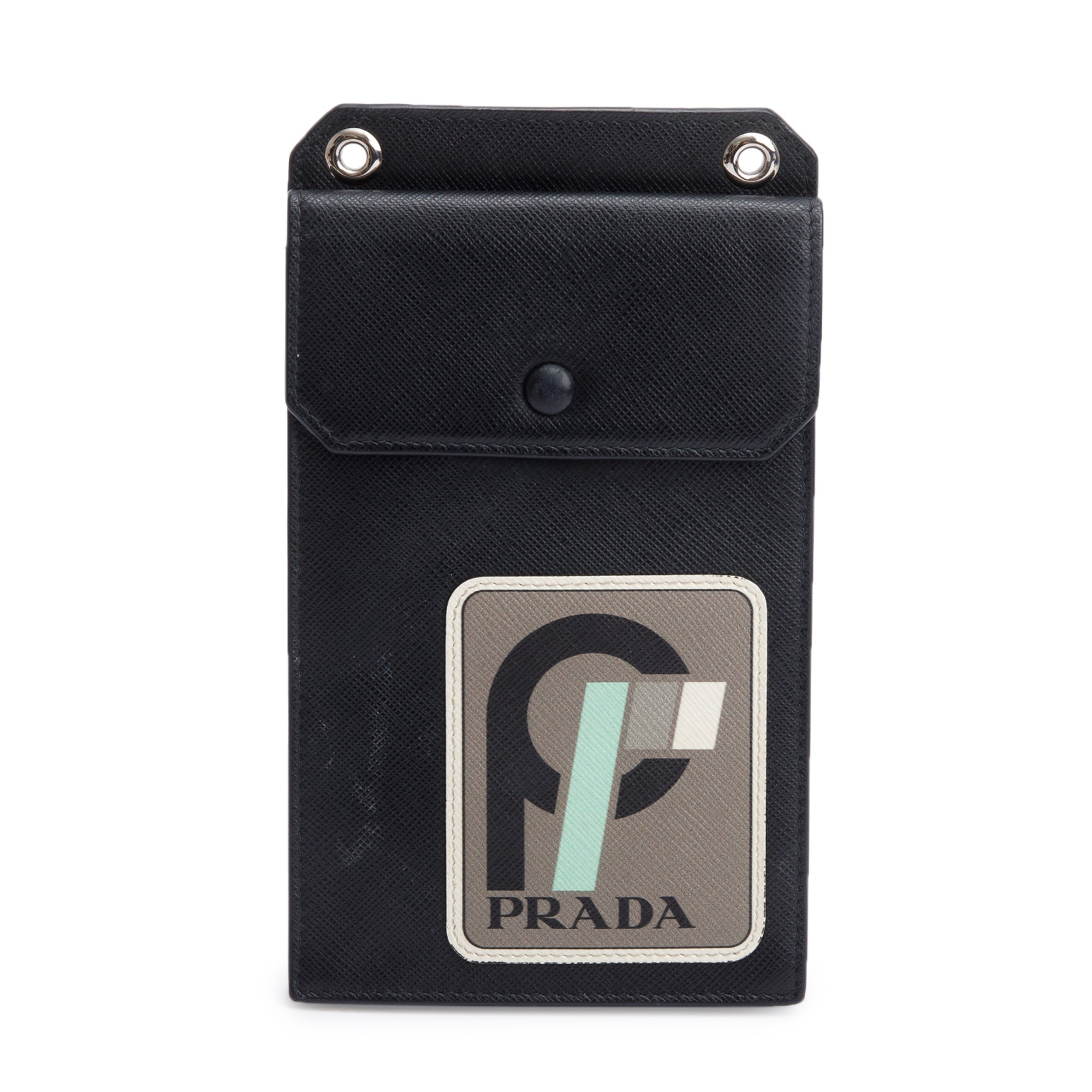 Prada Black Saffiano Lux Leather Racing Logo Patch Phone Pouch Crossbody Bag