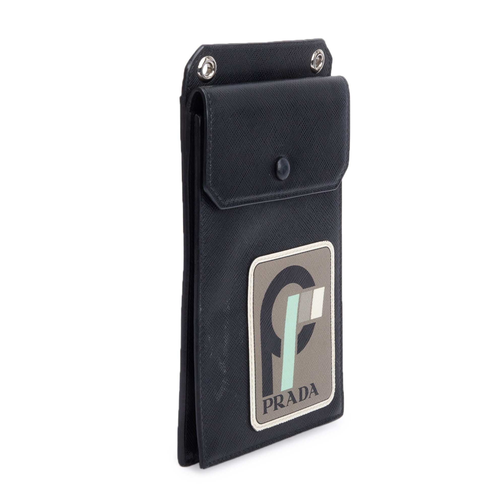 Prada Black Saffiano Lux Leather Racing Logo Patch Phone Pouch Crossbody Bag