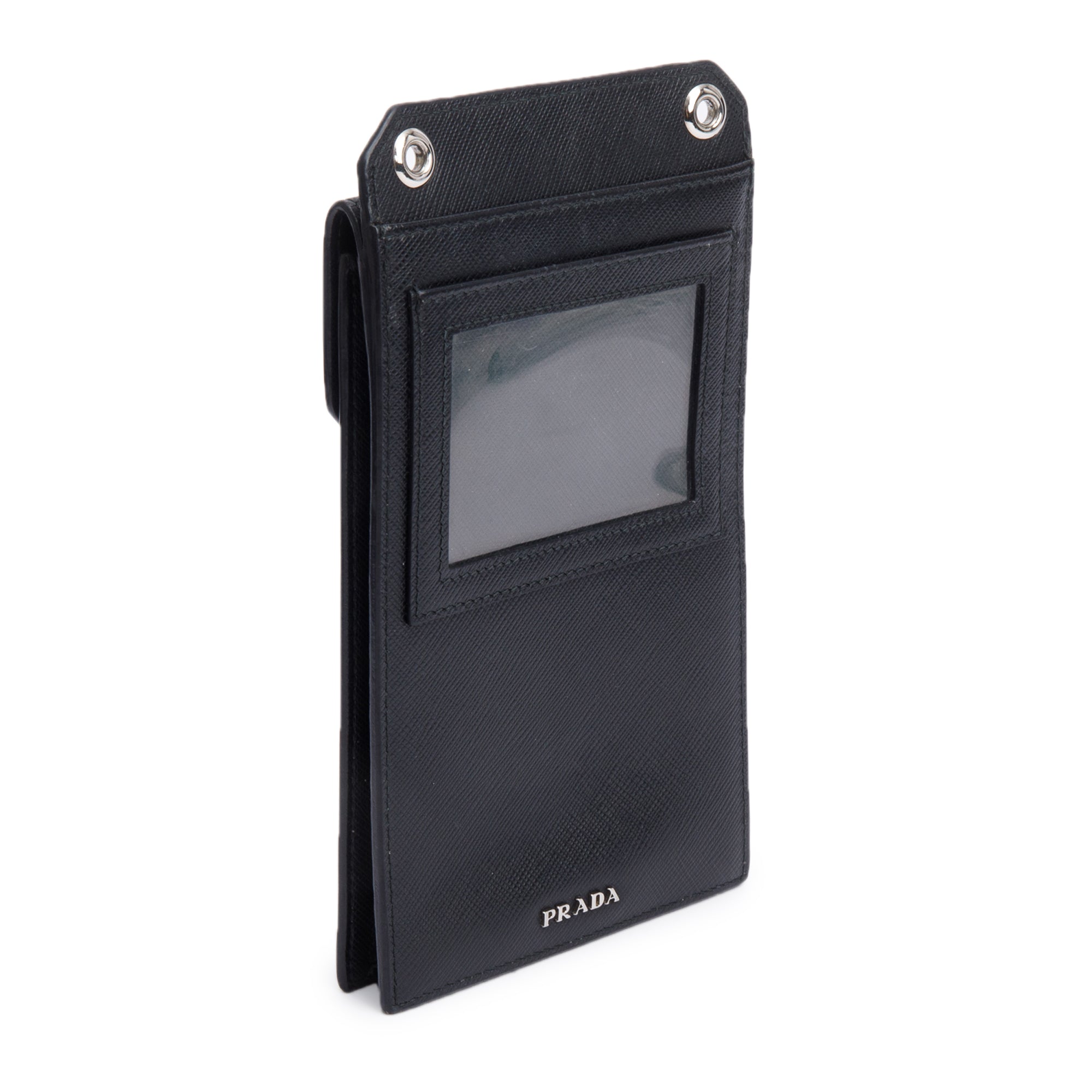 Prada Black Saffiano Lux Leather Racing Logo Patch Phone Pouch Crossbody Bag