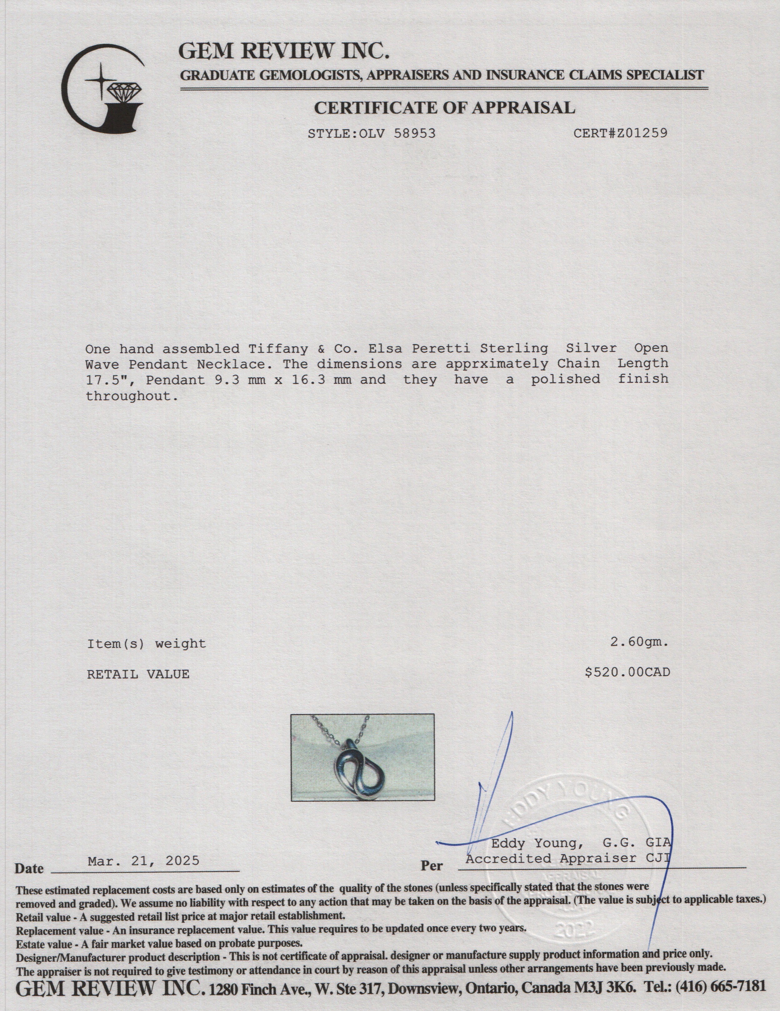 Tiffany & Co. Elsa Peretti Sterling Silver Open Wave Pendant Necklace