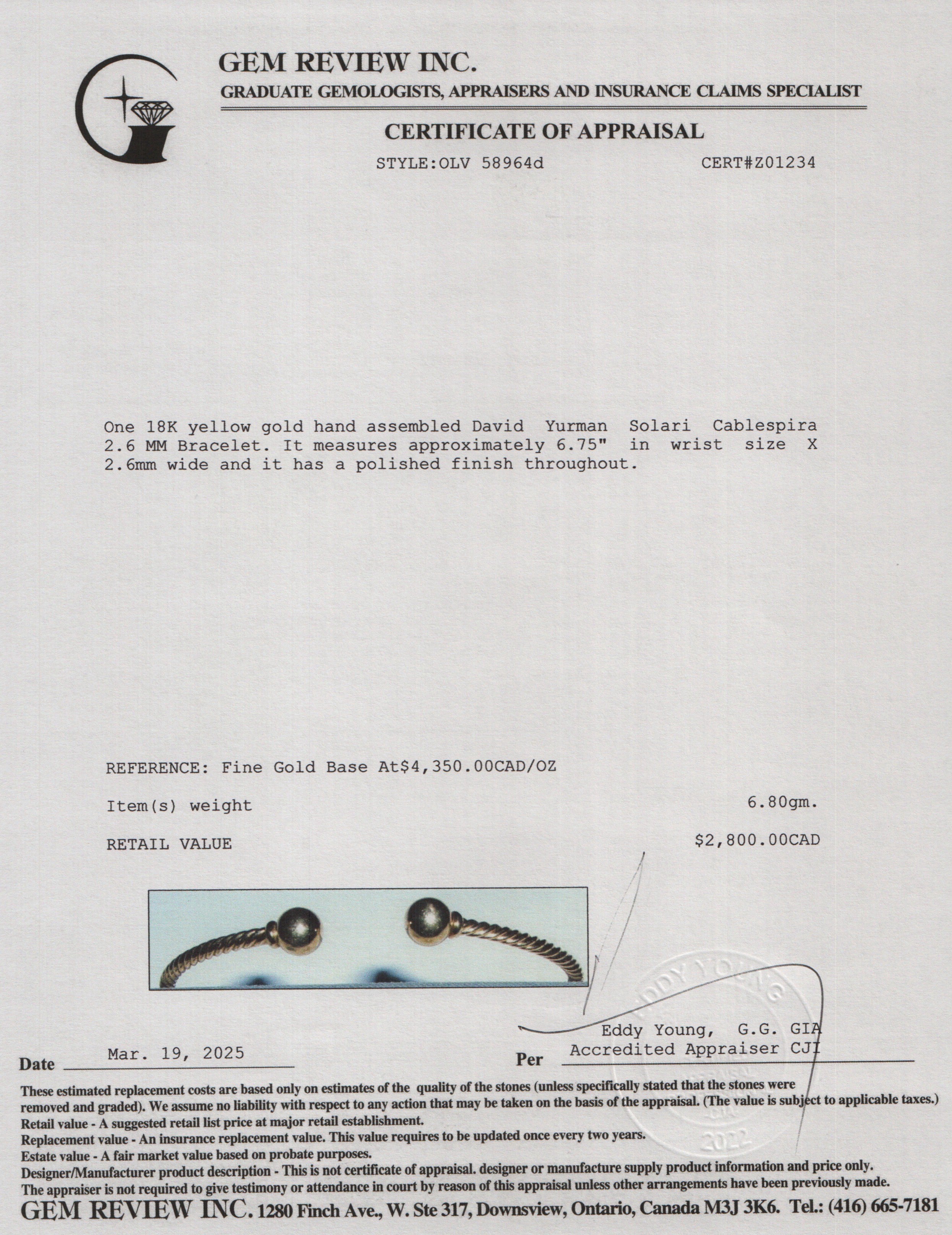 David Yurman 18k Yellow Gold Solari Cablespira 2.6 MM Bracelet w/ Box