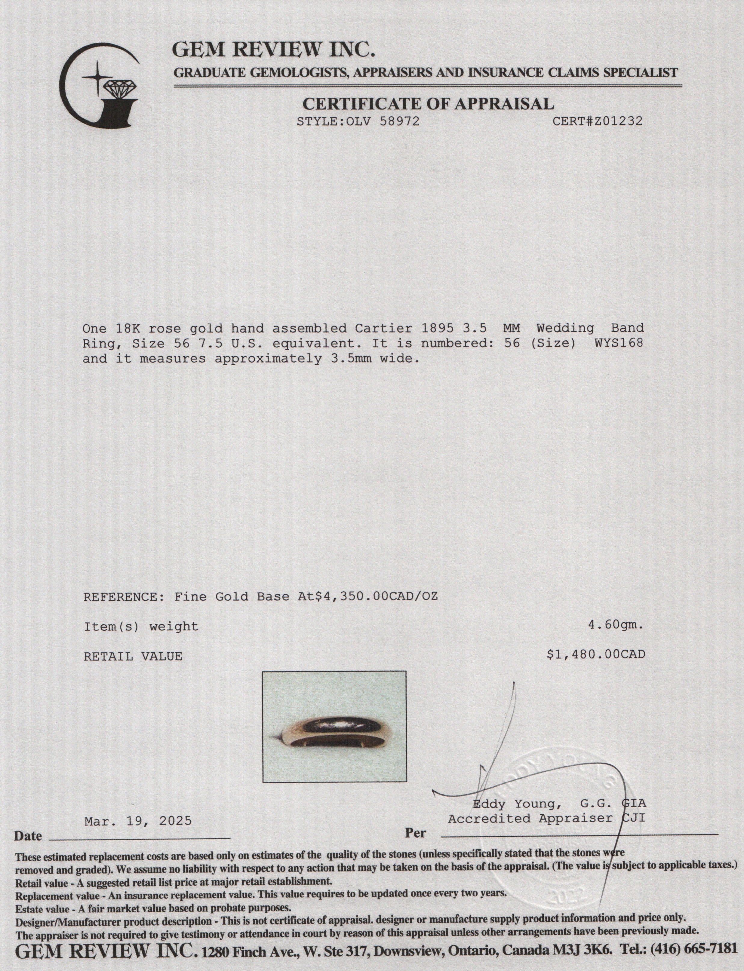 Cartier 2024 18k Rose Gold 1895 3.5 MM Wedding Band Ring, Size 56 7.5 w/ Box, Receipt & Certificate