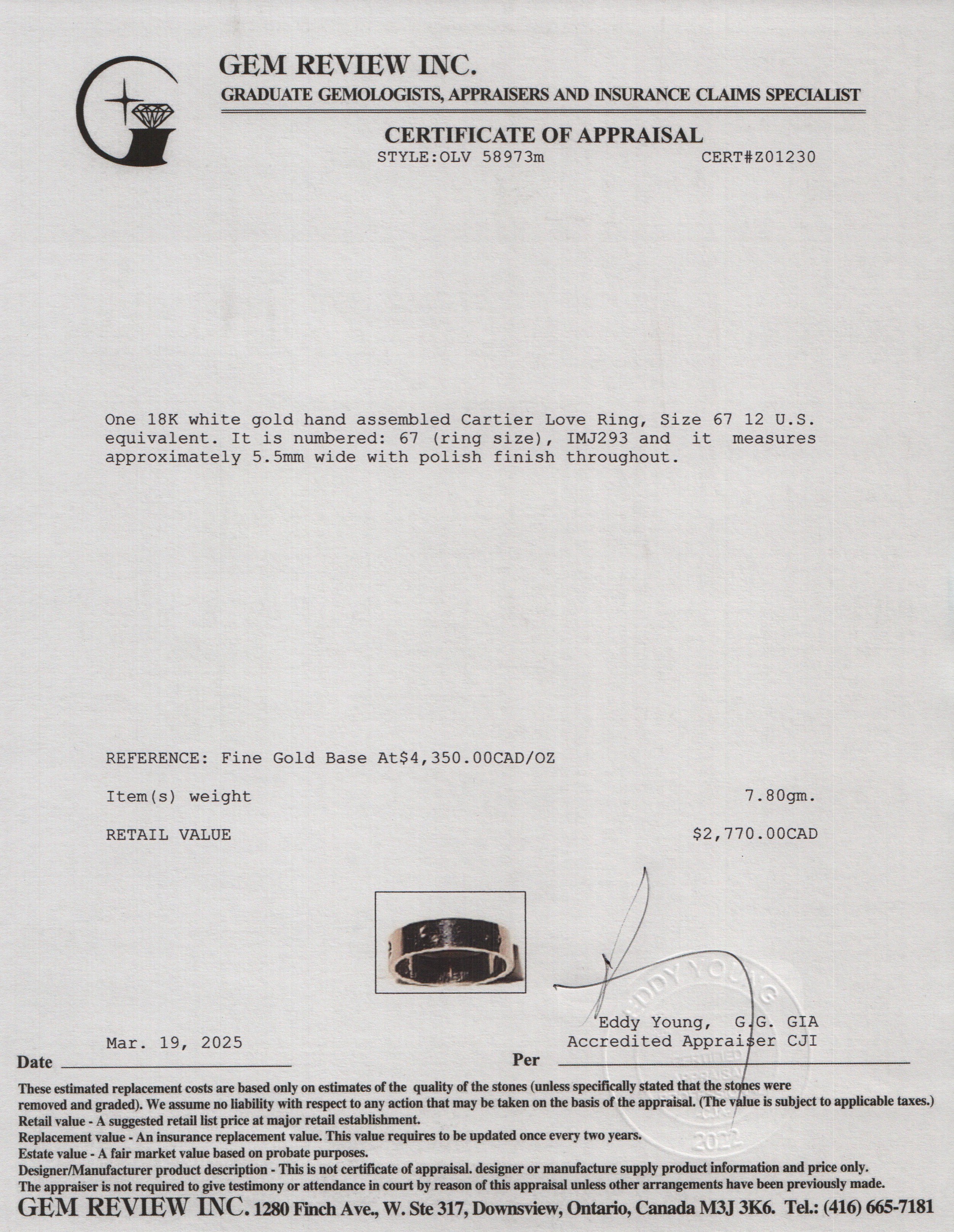 Cartier 18k White Gold 5.5 MM Love Ring, Size 67 12 w/ Box