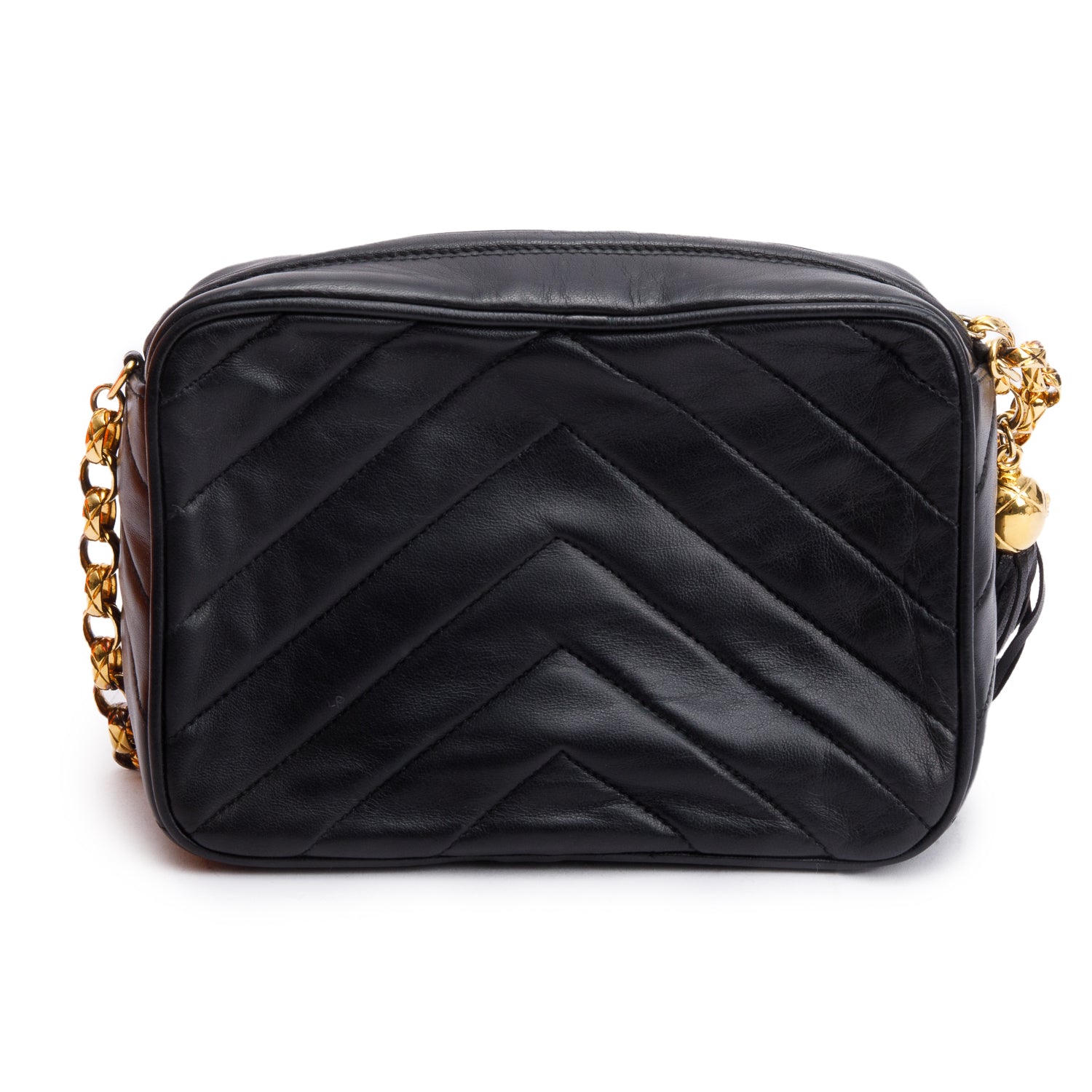 Chanel Vintage Black Chevron Lambskin Leather CC Tassel Bijoux Chain Camera Bag w/ Authenticity Card