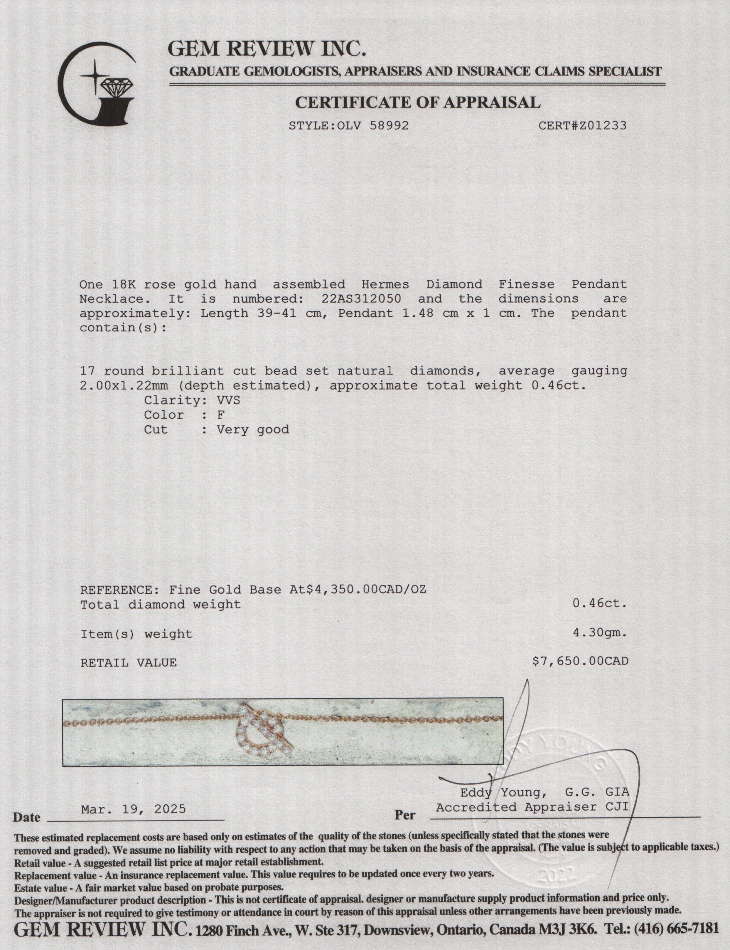 Hermes 2024 18k Rose Gold Diamond Finesse Pendant Necklace w/ Box & Receipt