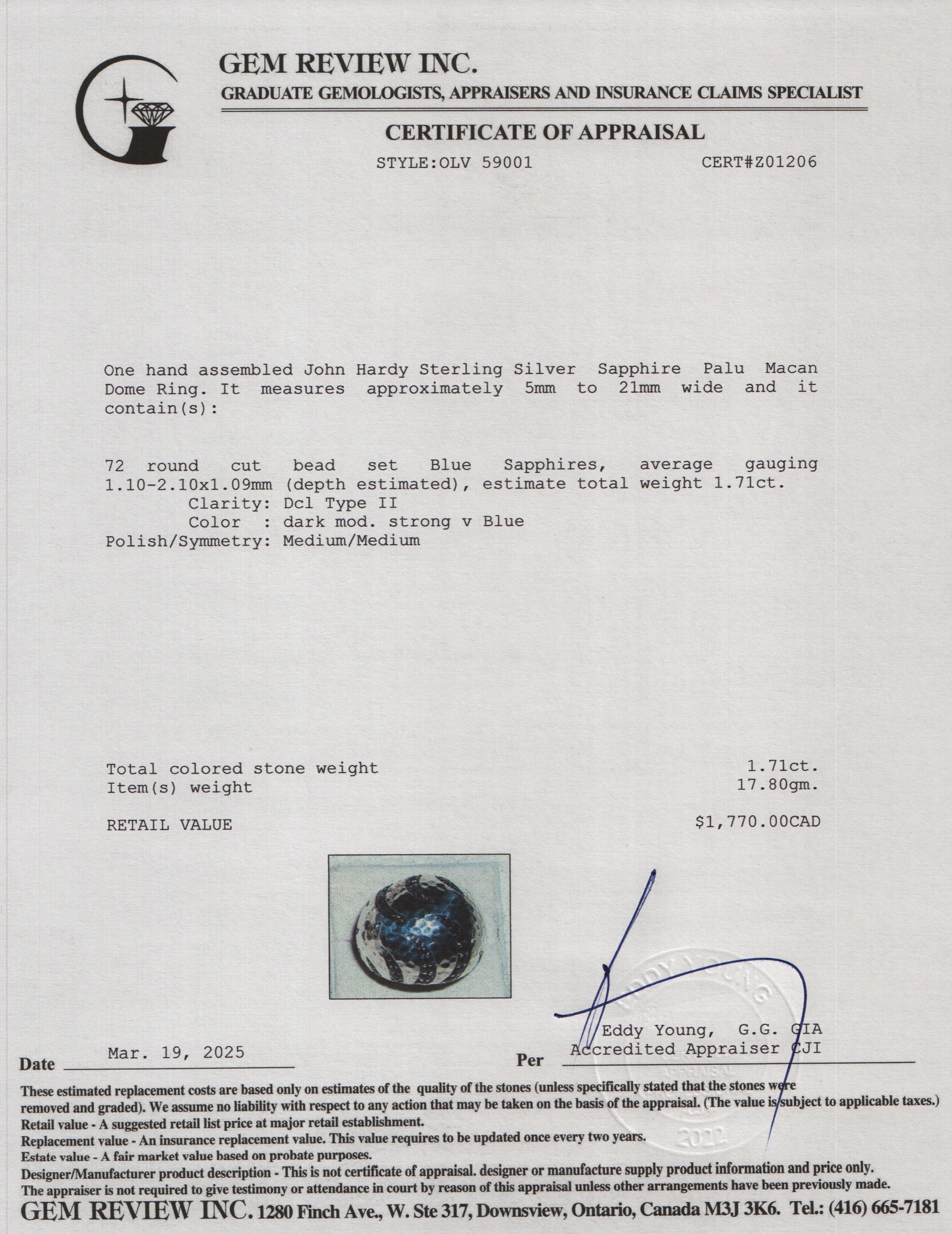 John Hardy Sterling Silver Sapphire Palu Macan Dome Ring, Size 7