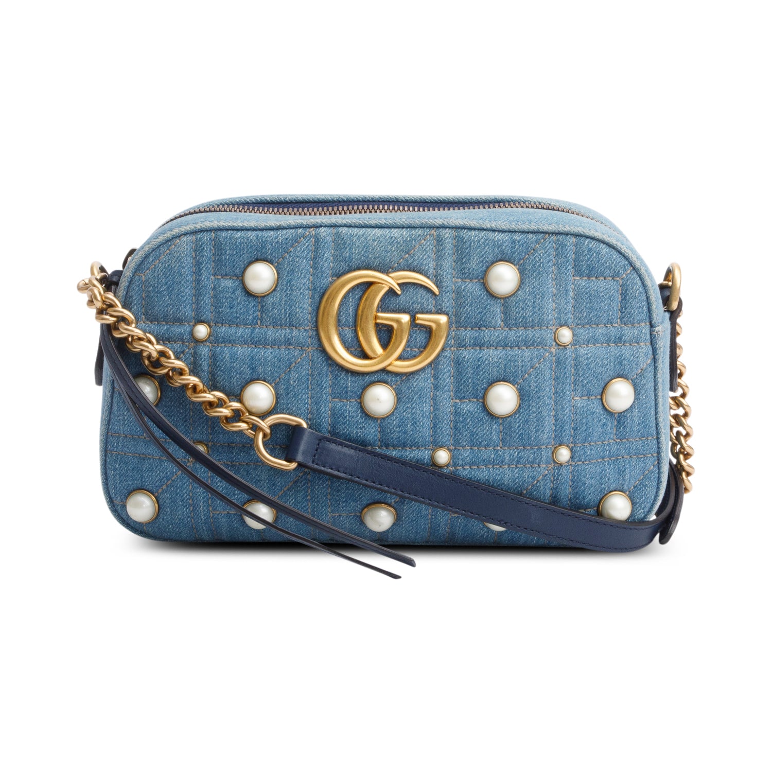 Gucci Blue Denim GG Marmont Pearly GG Small Shoulder Bag w/ Box