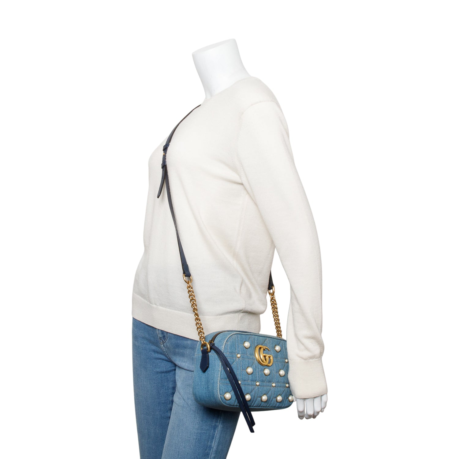Gucci Blue Denim GG Marmont Pearly GG Small Shoulder Bag w/ Box