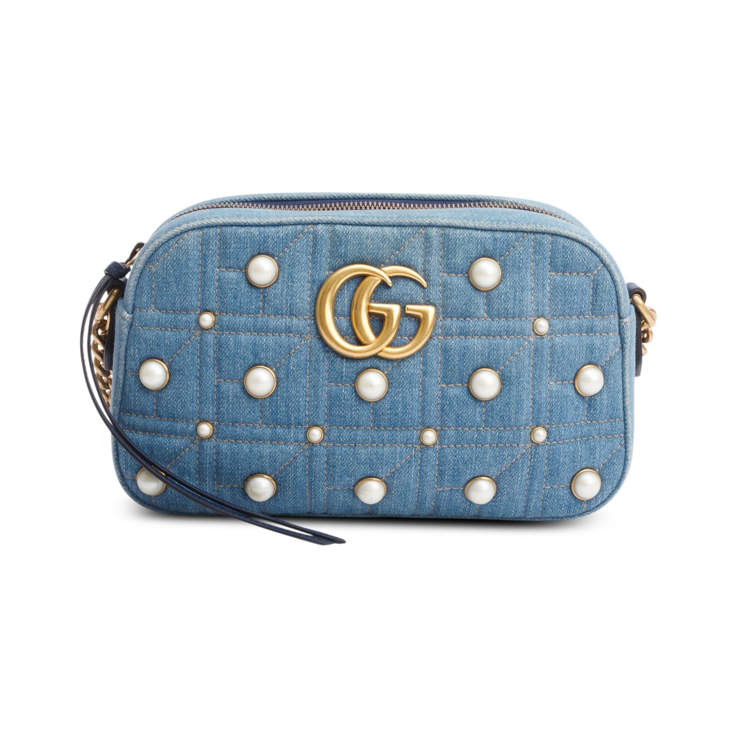 Gucci Blue Denim GG Marmont Pearly GG Small Shoulder Bag w/ Box