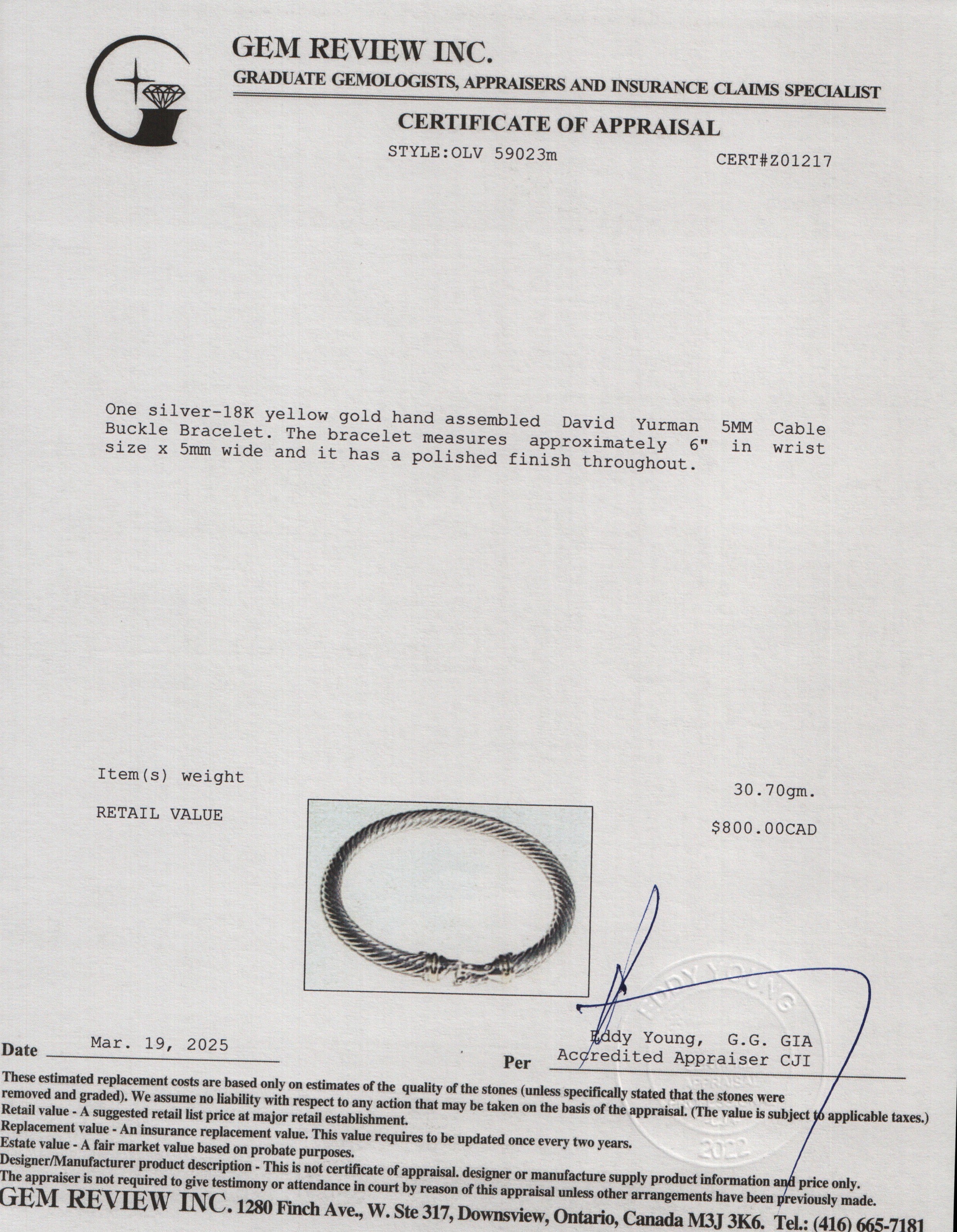 David Yurman Sterling Silver & 18k Yellow Gold 5MM Cable Buckle Bracelet