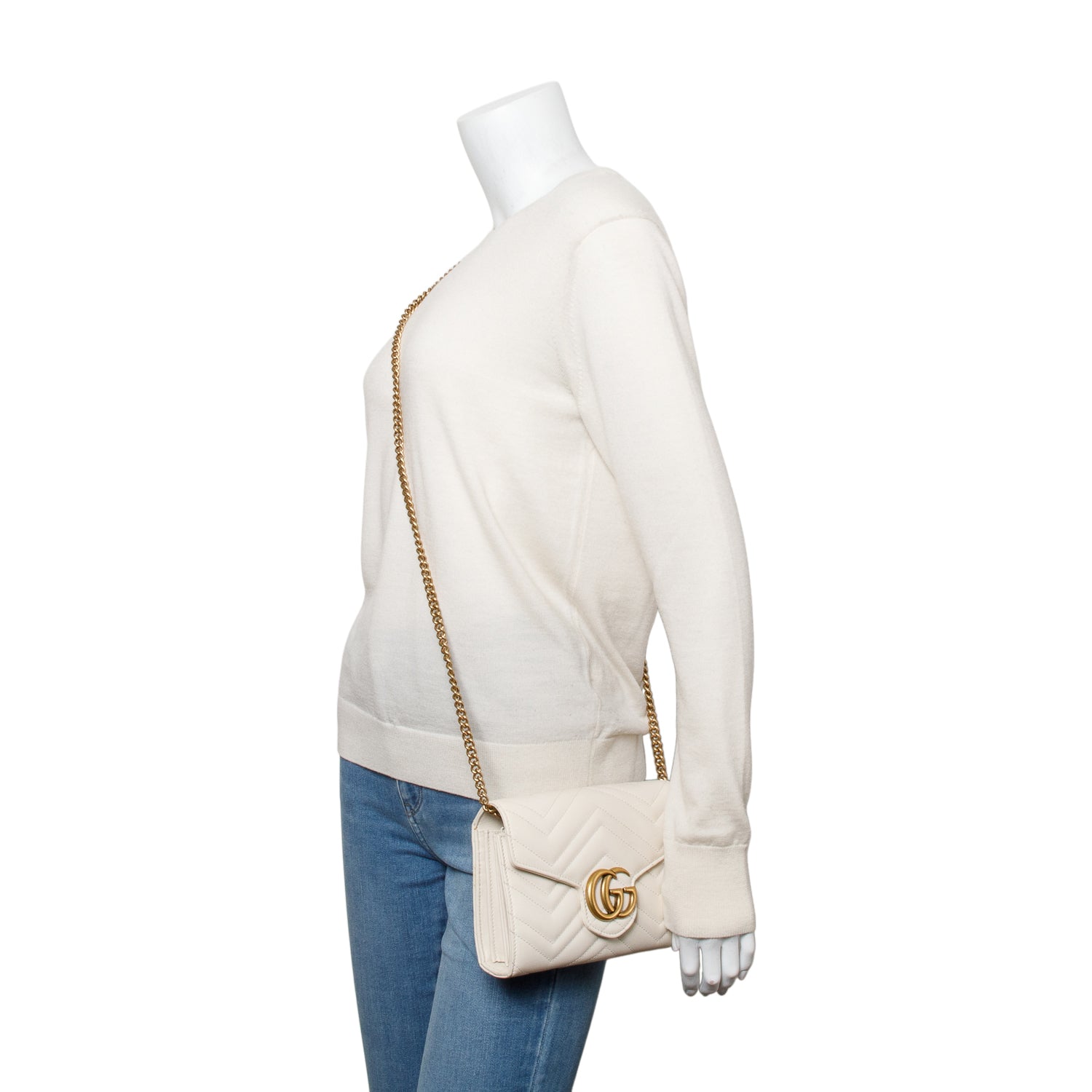 Gucci White GG Marmont Mini Wallet on Chain w/ Box