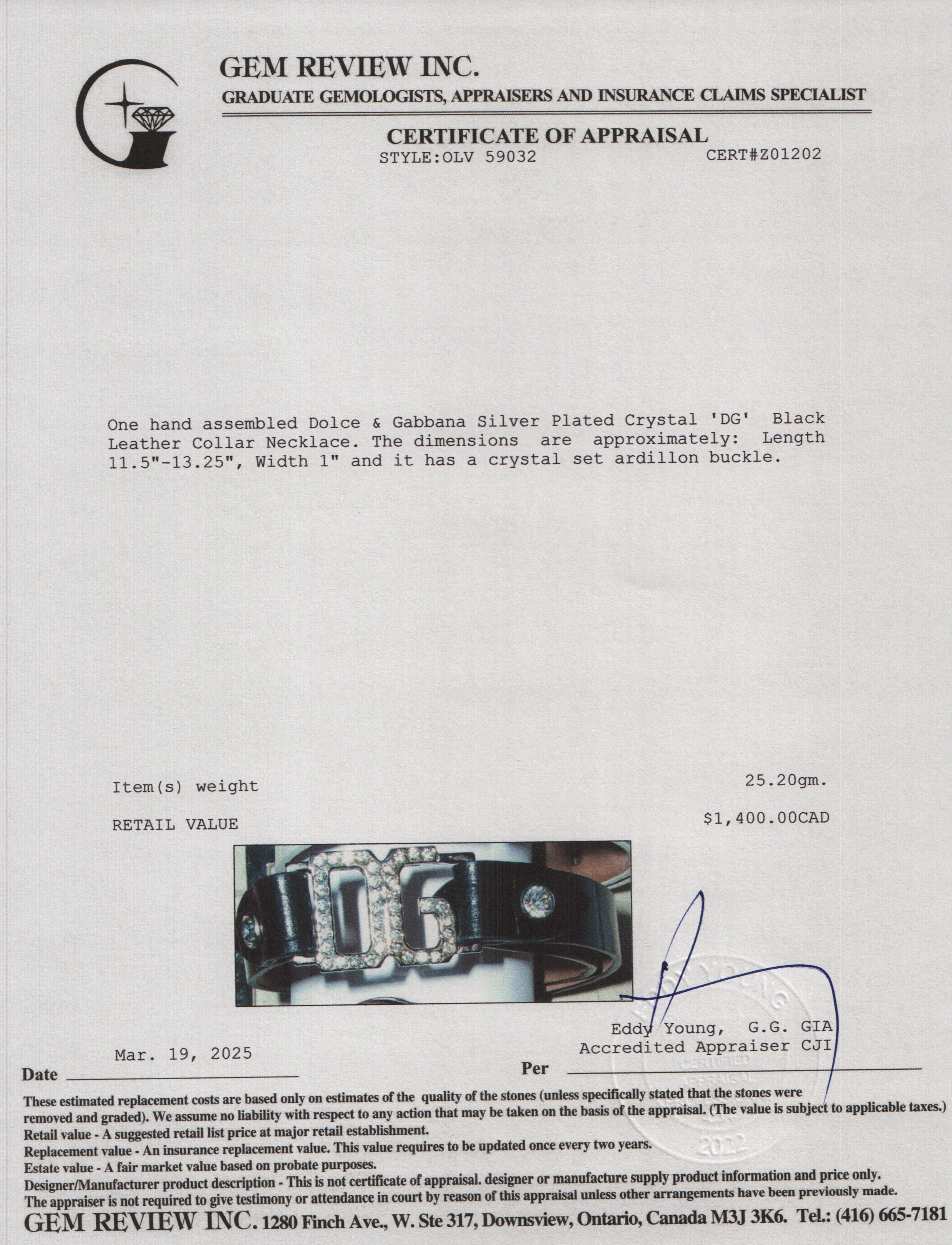 Dolce & Gabbana Silver Plated Crystal 'DG' Black Leather Collar Necklace