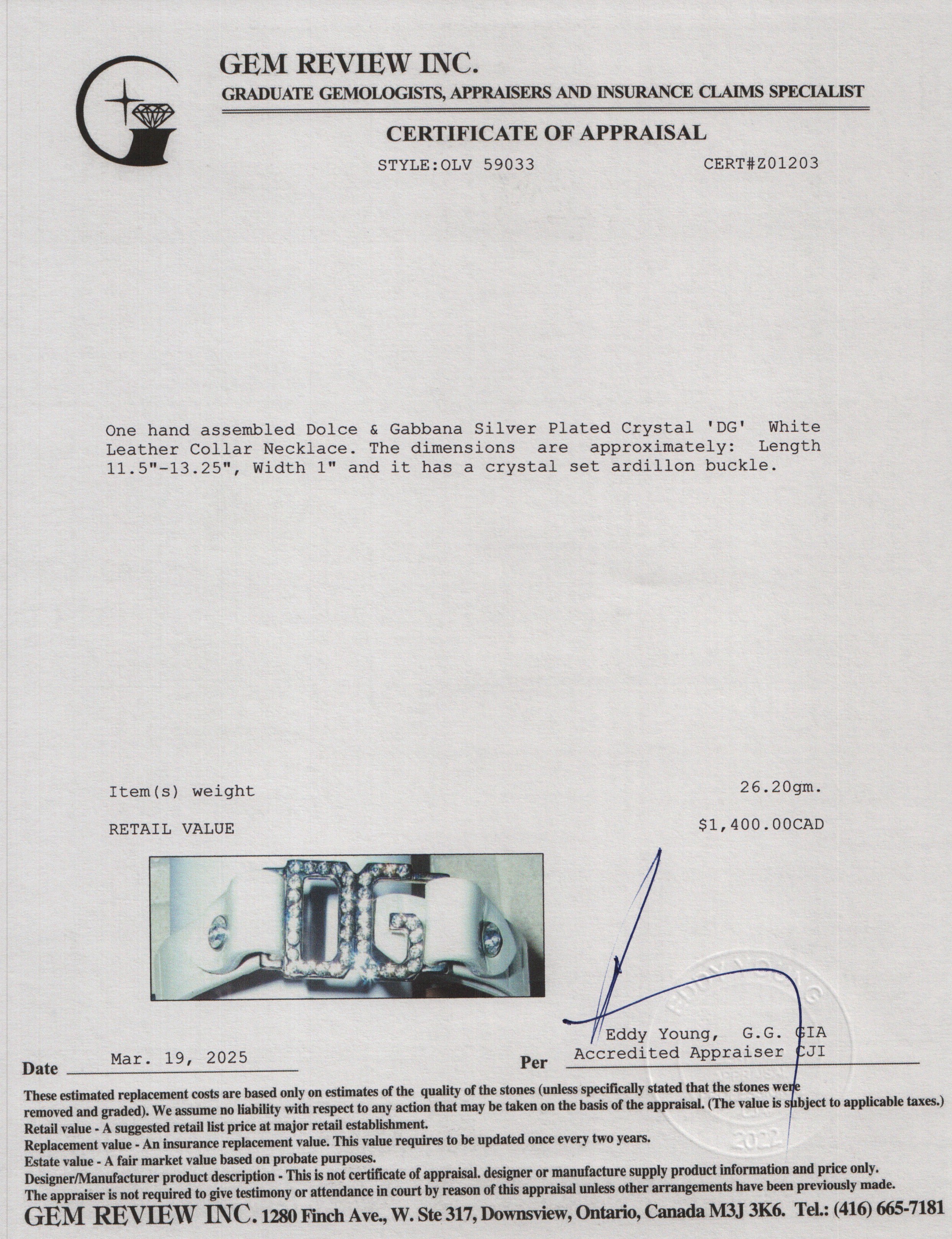 Dolce & Gabbana Silver Plated Crystal 'DG' White Leather Collar Necklace