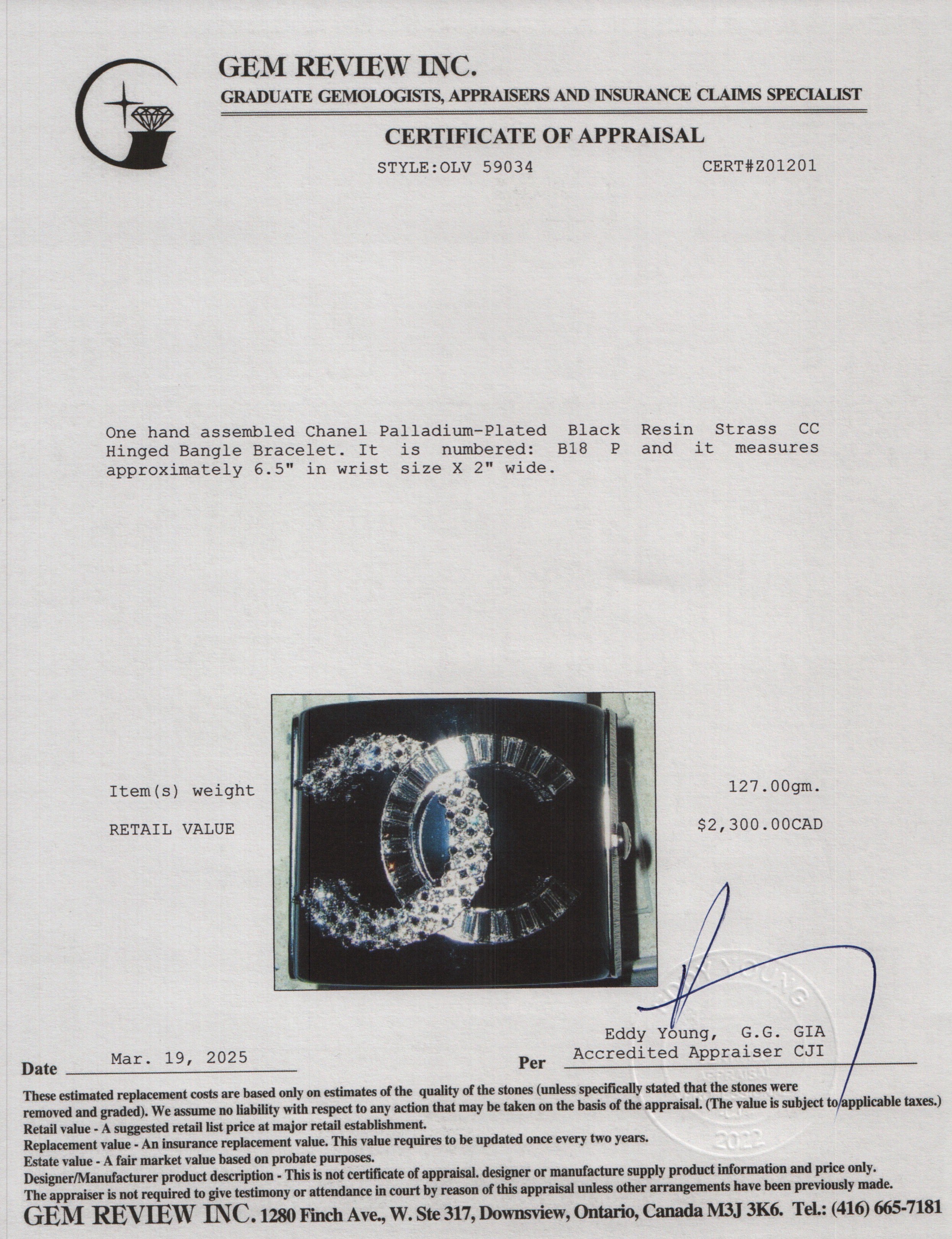 Chanel Palladium-Plated Black Resin Strass CC Hinged Bangle Bracelet w/ Box