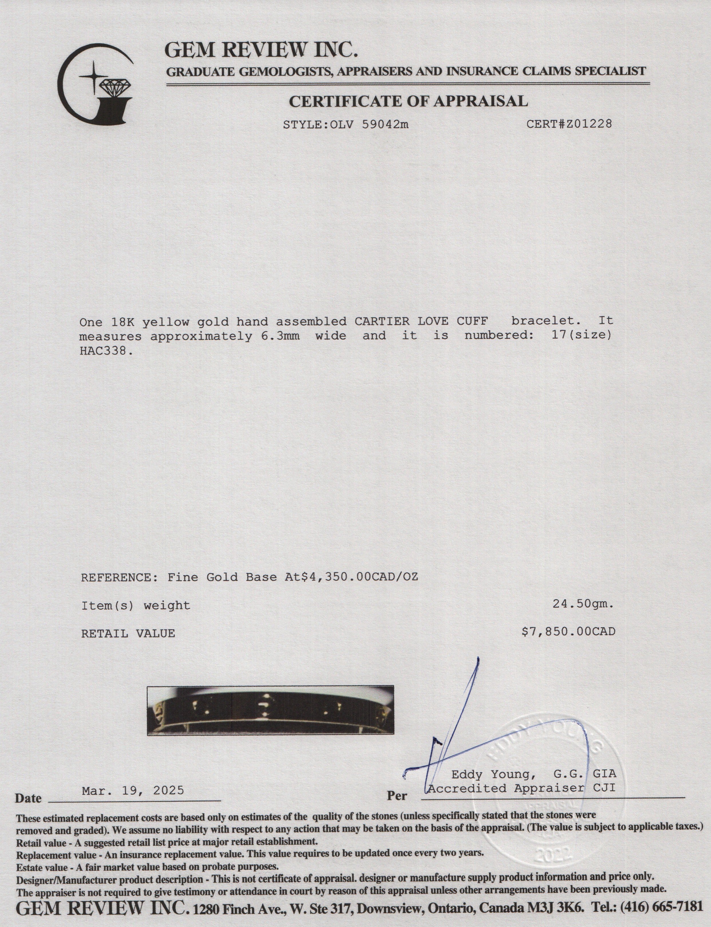 Cartier 18k Yellow Gold Love Cuff, Size 17