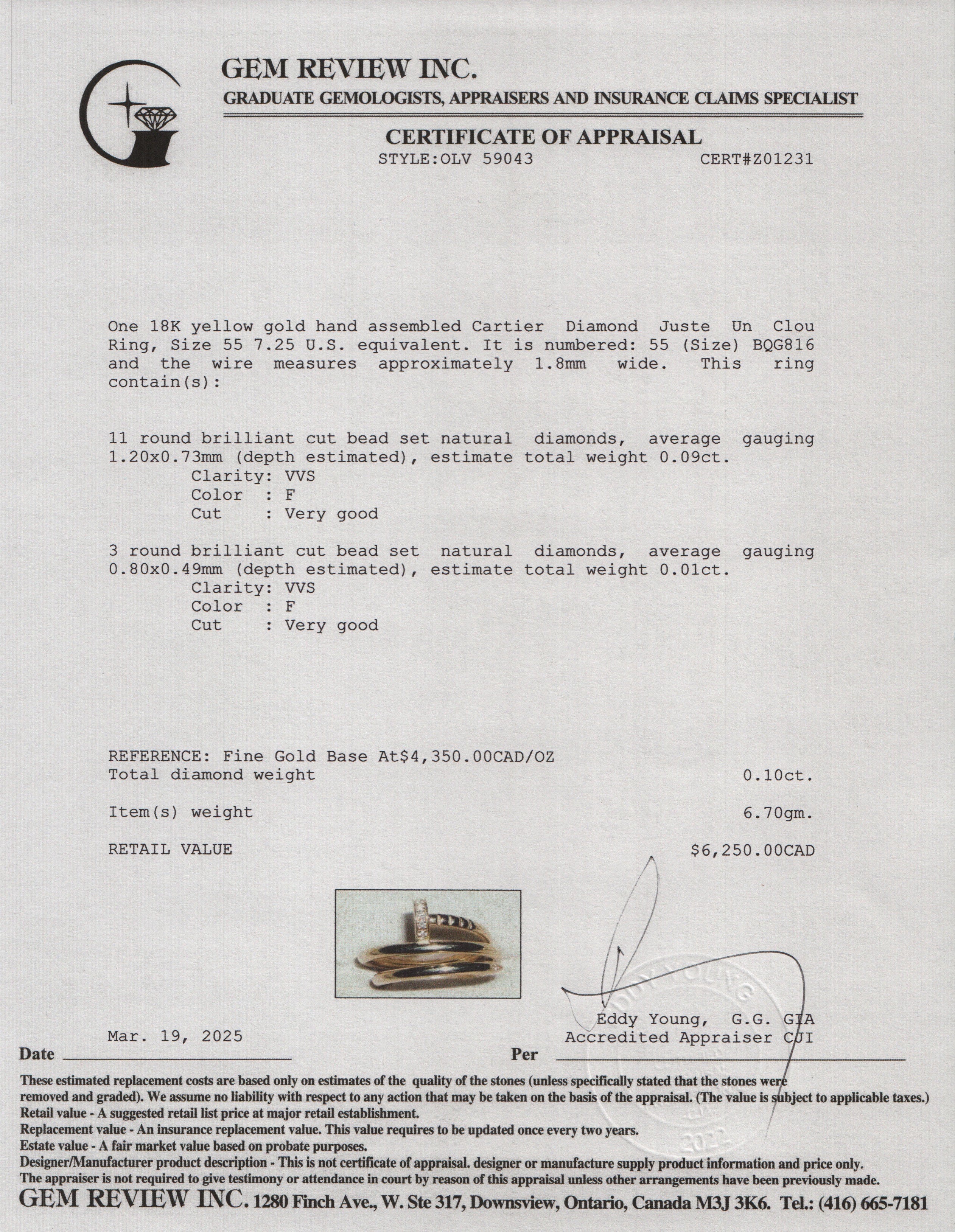 Cartier 18k Yellow Gold Diamond Juste Un Clou Ring, Size 55 7.25