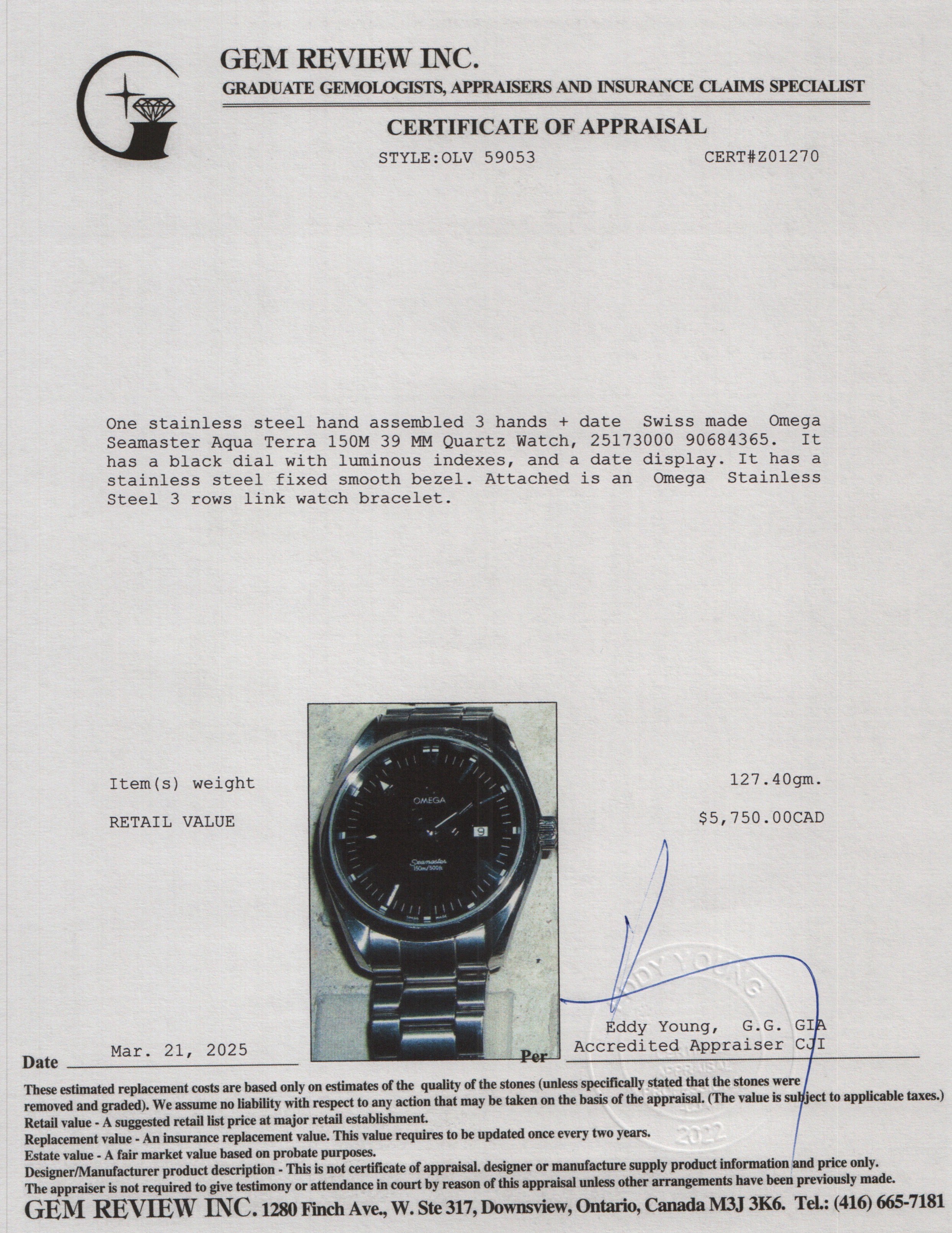 Omega Stainless Steel Seamaster Aqua Terra 150M 39 MM Quartz Watch w/ Box & Papers