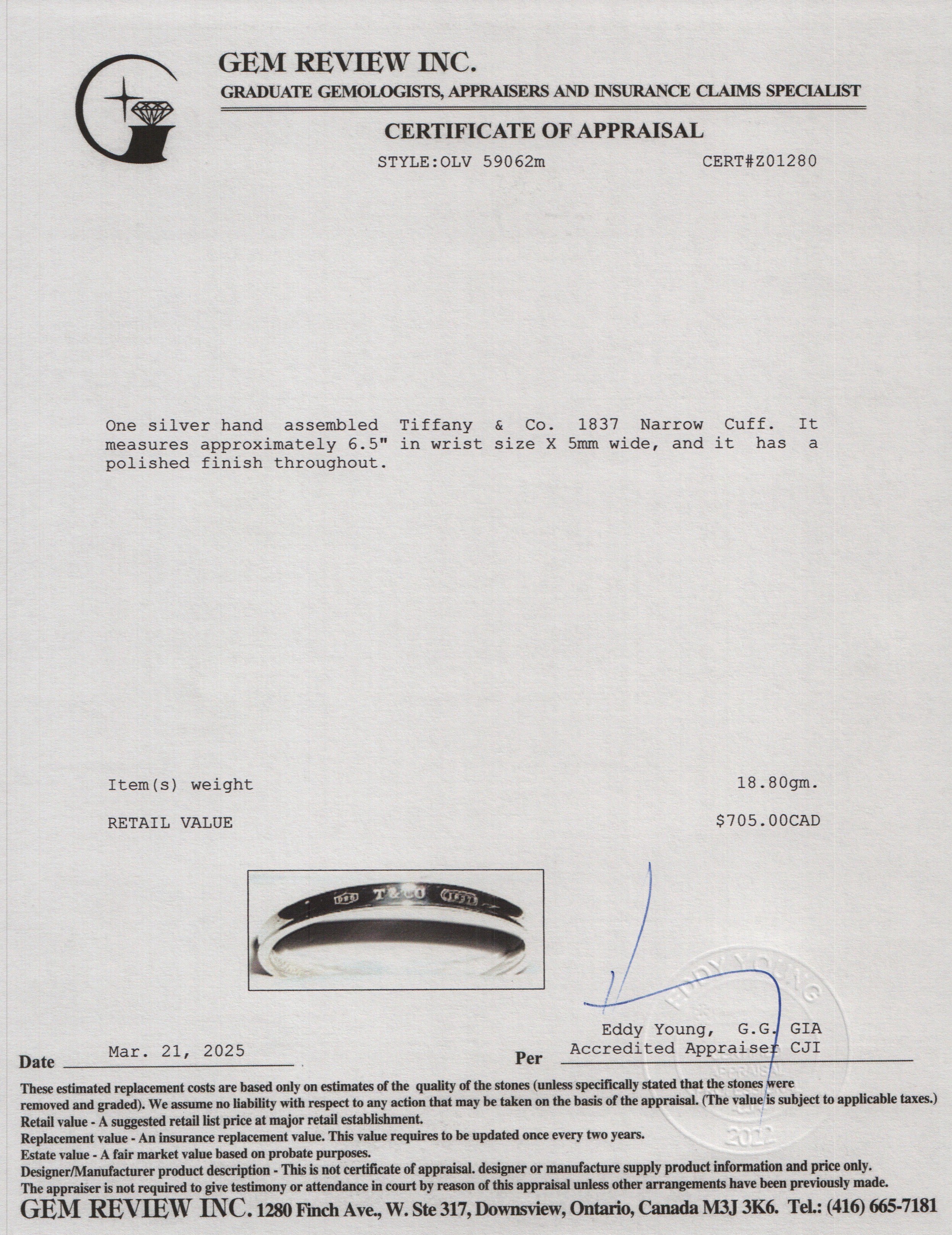 Tiffany & Co. Sterling Silver 1837 Narrow 5 MM Cuff