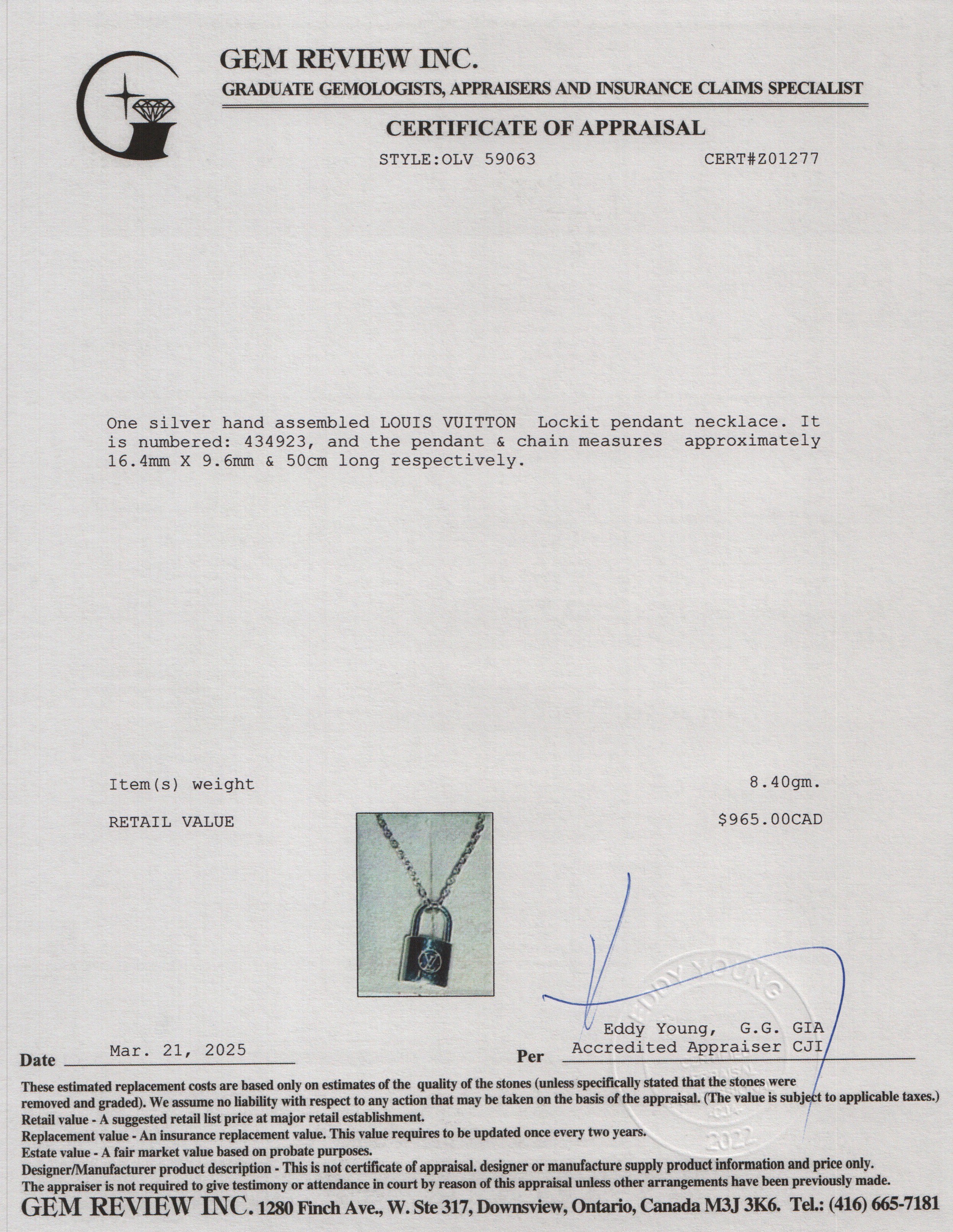 Louis Vuitton Sterling Silver Lockit Pendant Necklace