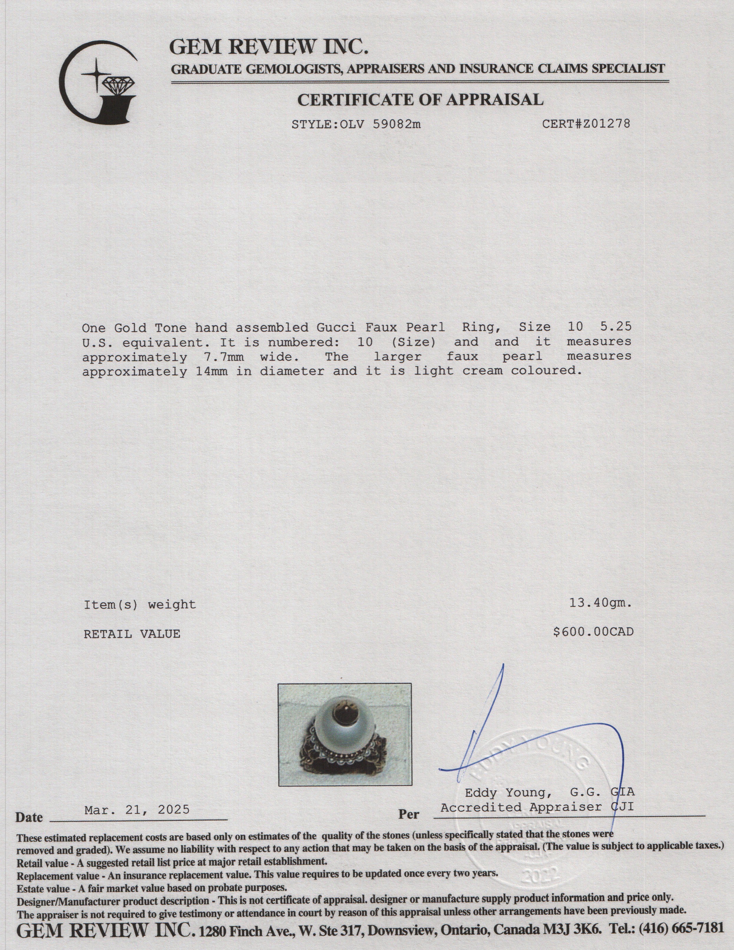 Gucci Gold Tone Metal Faux Pearl Ring, Size 13 6.5