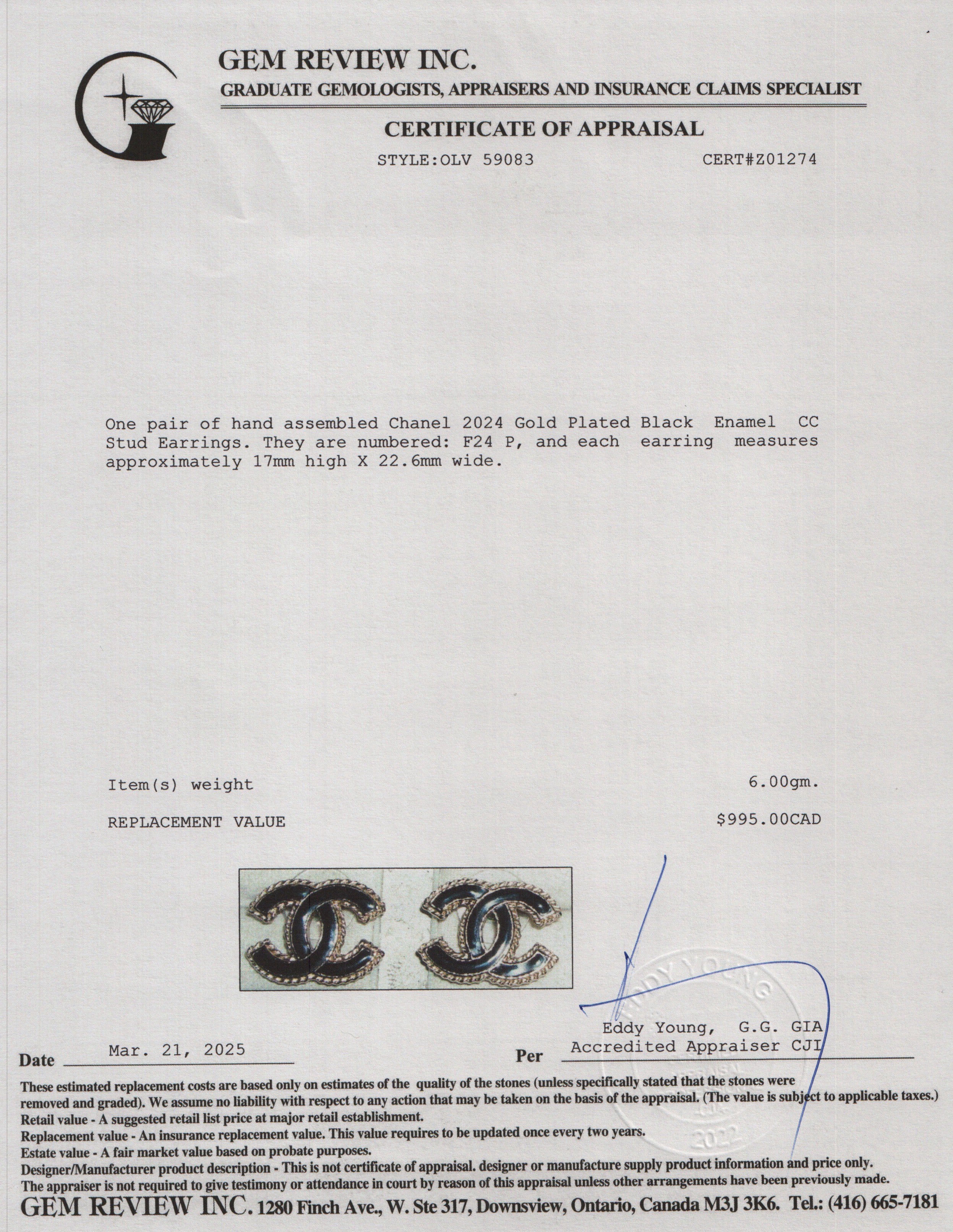 Chanel 2024 Gold Plated Black Enamel CC Stud Earrings w/ Box