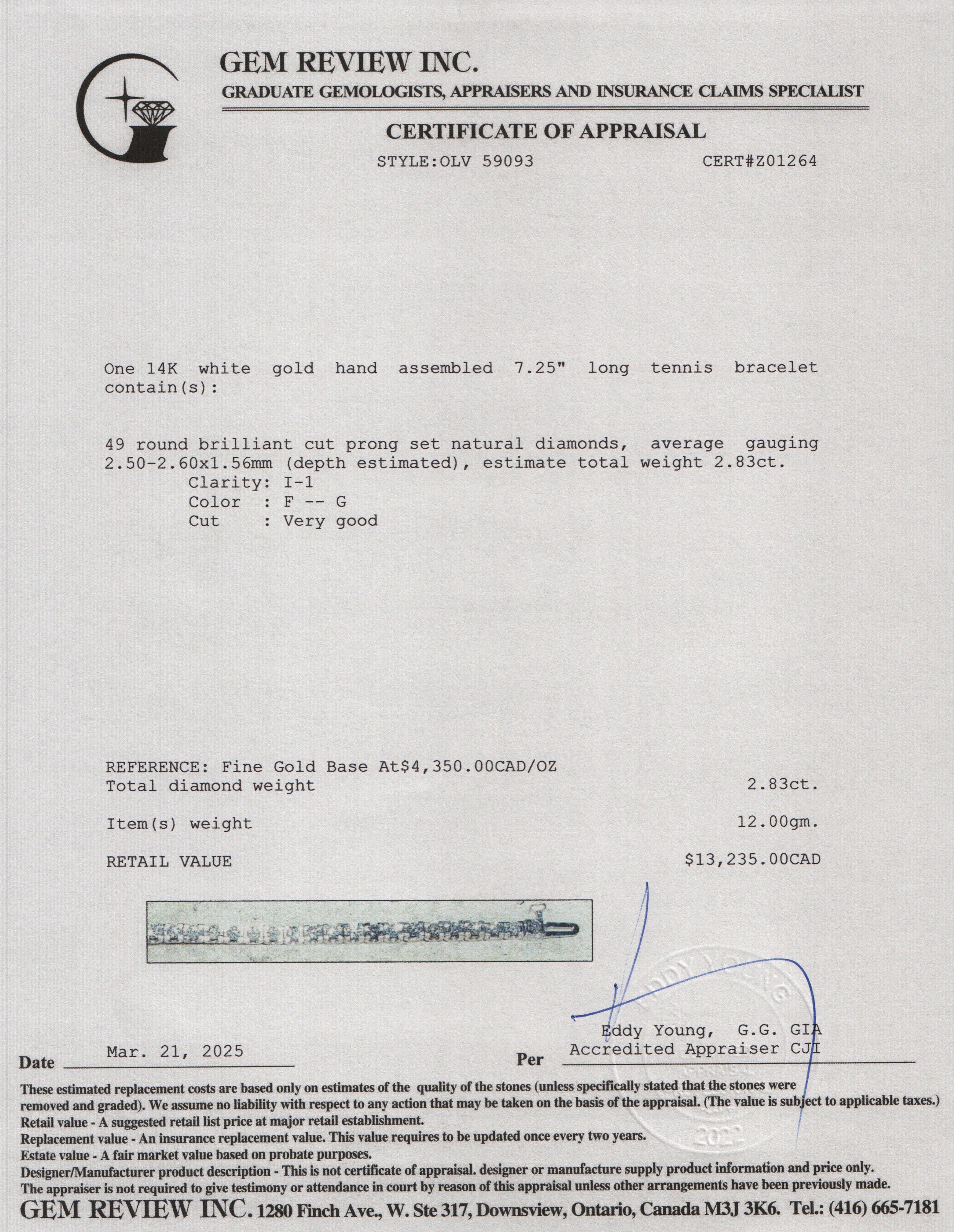 14k White Gold 2.83 tcw. Diamond Tennis Bracelet