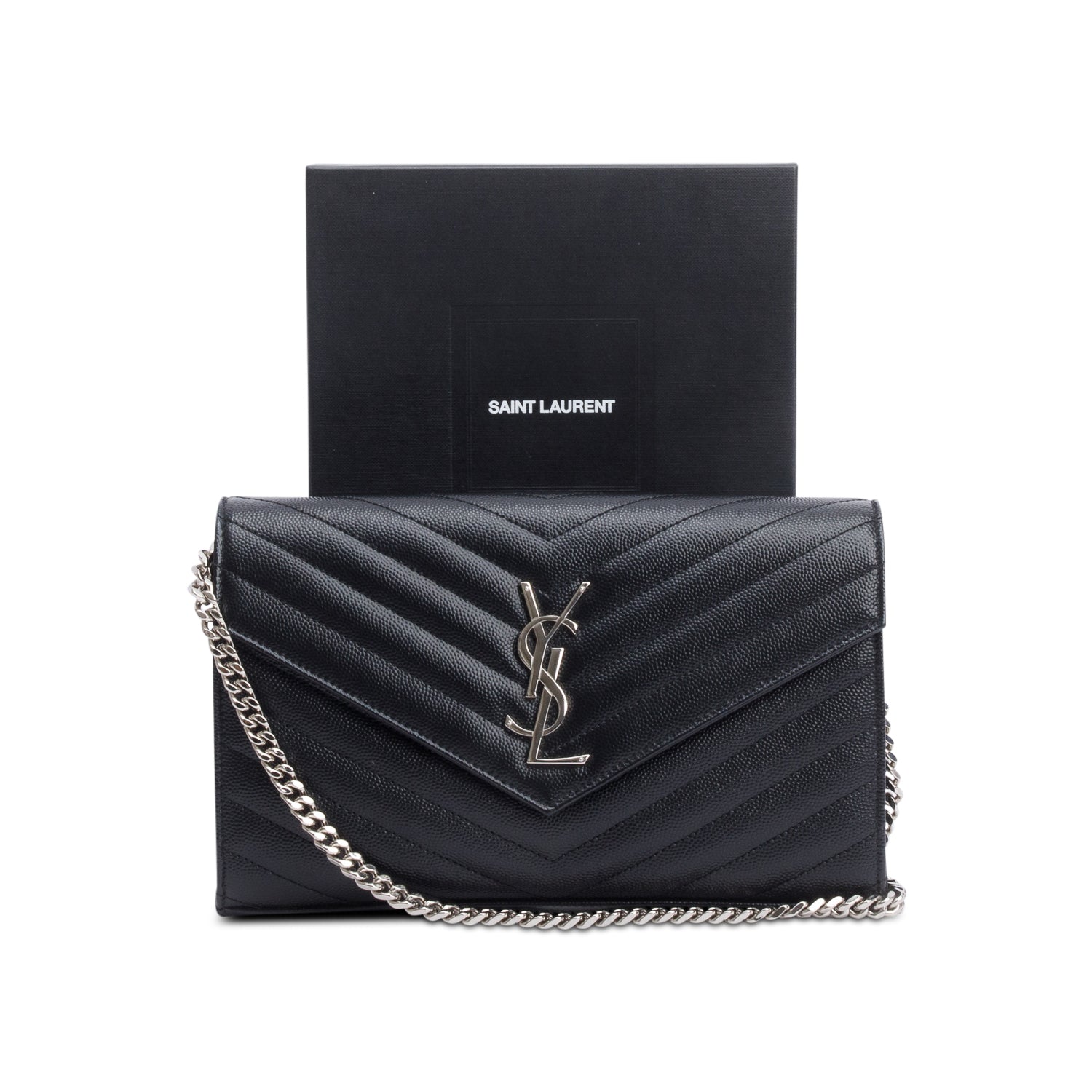 Saint Laurent 2022 Black Grain De Poudre Leather Cassandre Envelope Chain Wallet w/ Box