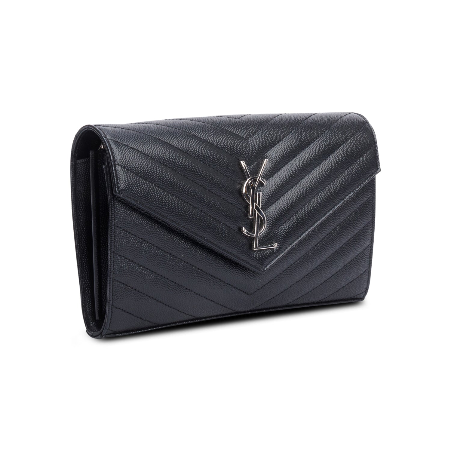Saint Laurent 2022 Black Grain De Poudre Leather Cassandre Envelope Chain Wallet w/ Box