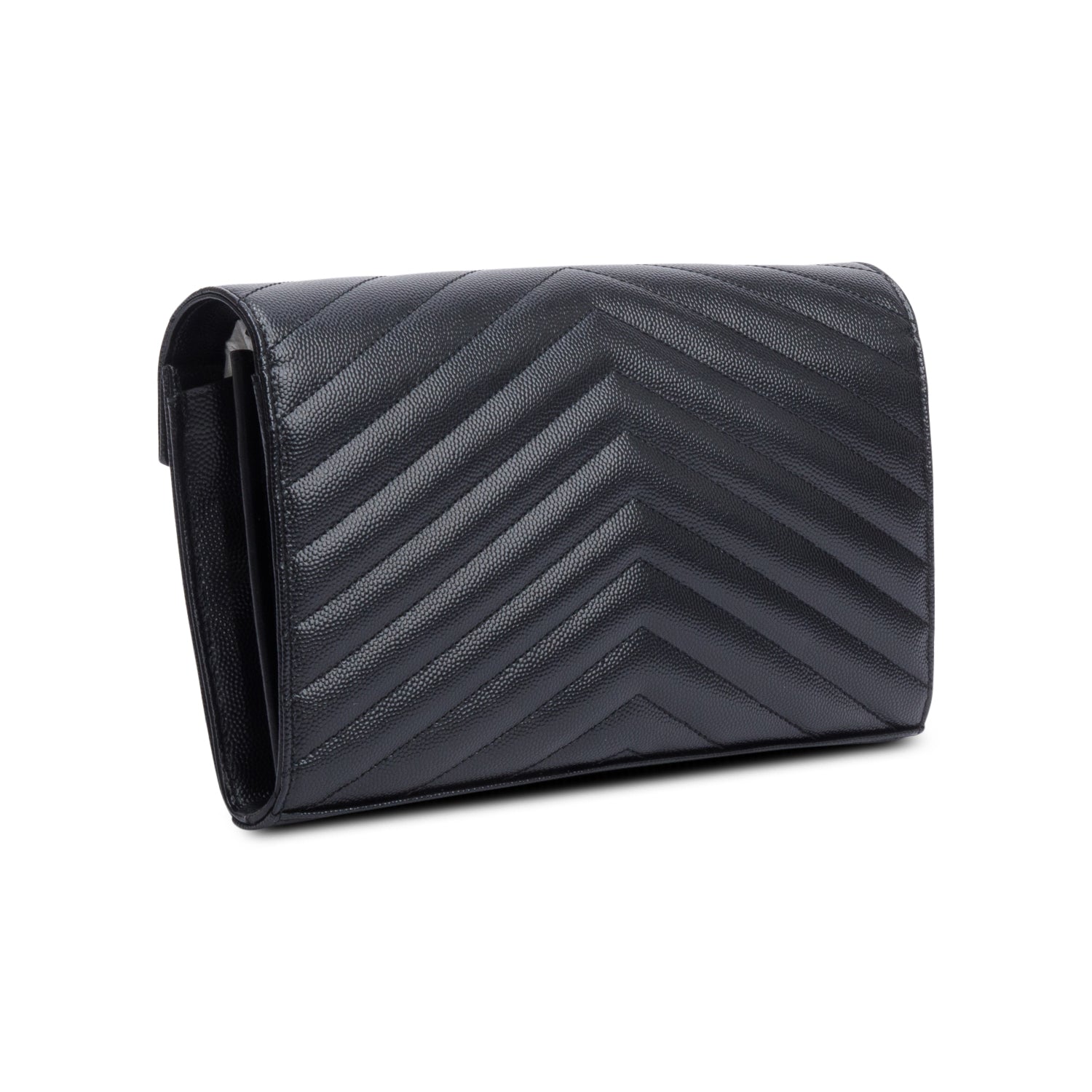 Saint Laurent 2022 Black Grain De Poudre Leather Cassandre Envelope Chain Wallet w/ Box