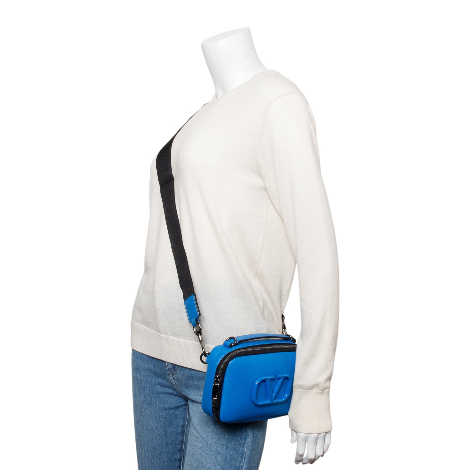 Valentino Blue Signature Leather Lacquered Vlogo Camera Crossbody Bag