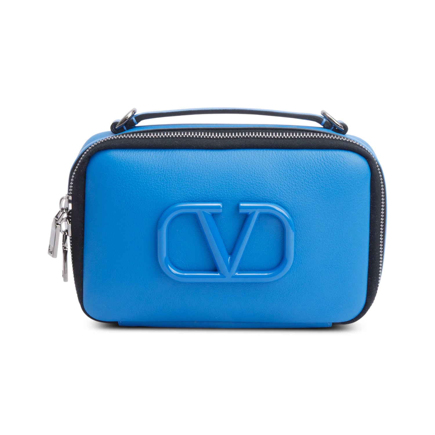 Valentino Blue Signature Leather Lacquered Vlogo Camera Crossbody Bag