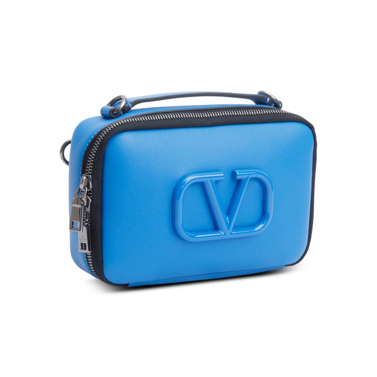 Valentino Blue Signature Leather Lacquered Vlogo Camera Crossbody Bag