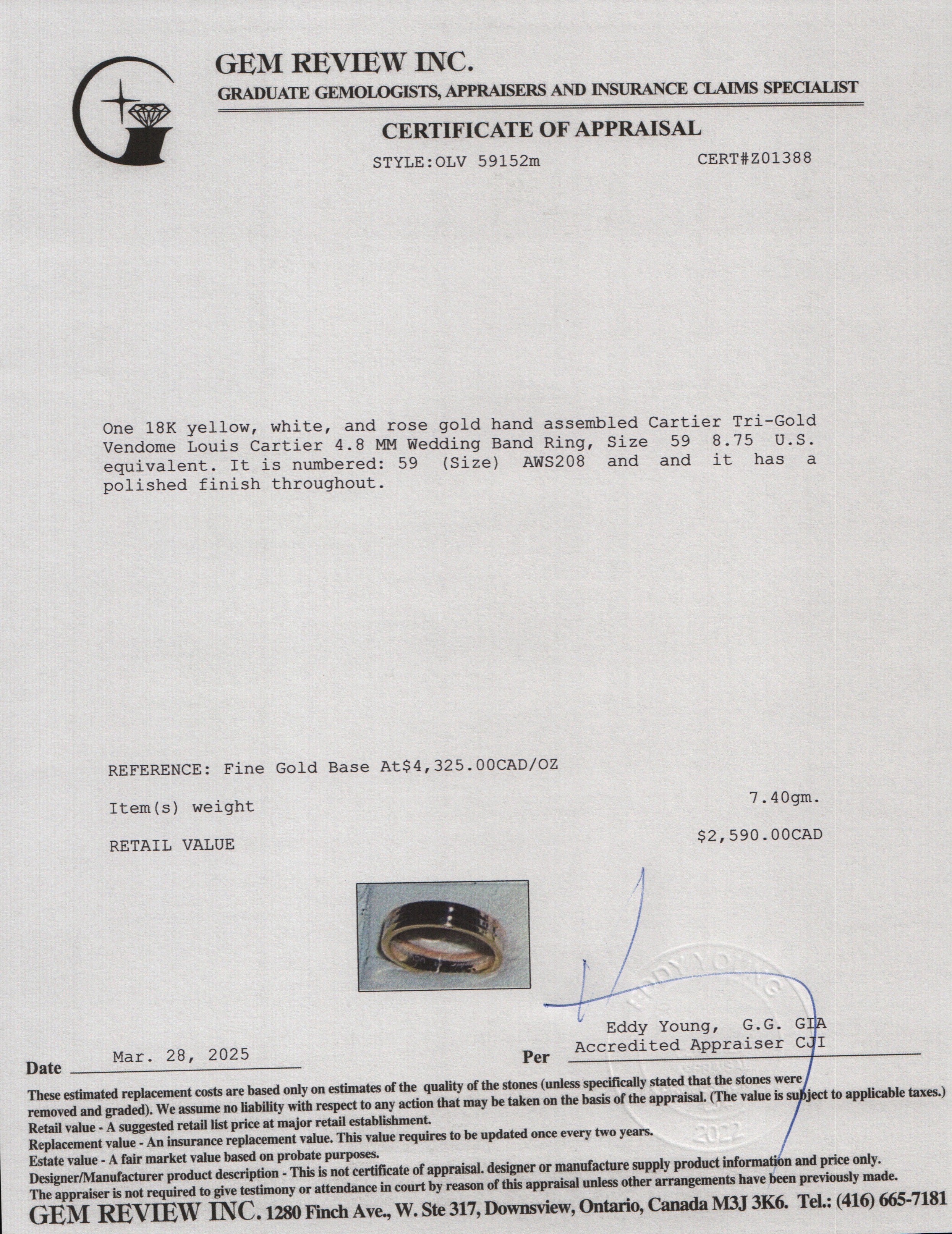 Cartier 18k Tri-Gold Vendome Louis Cartier 4.8 MM Wedding Band Ring, Size 59 8.75