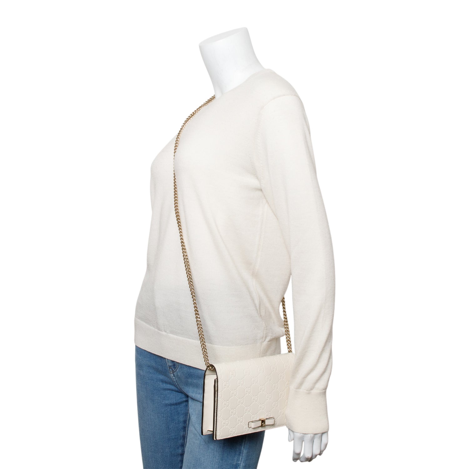 Gucci White Signature Leather Bow Mini Wallet On Chain