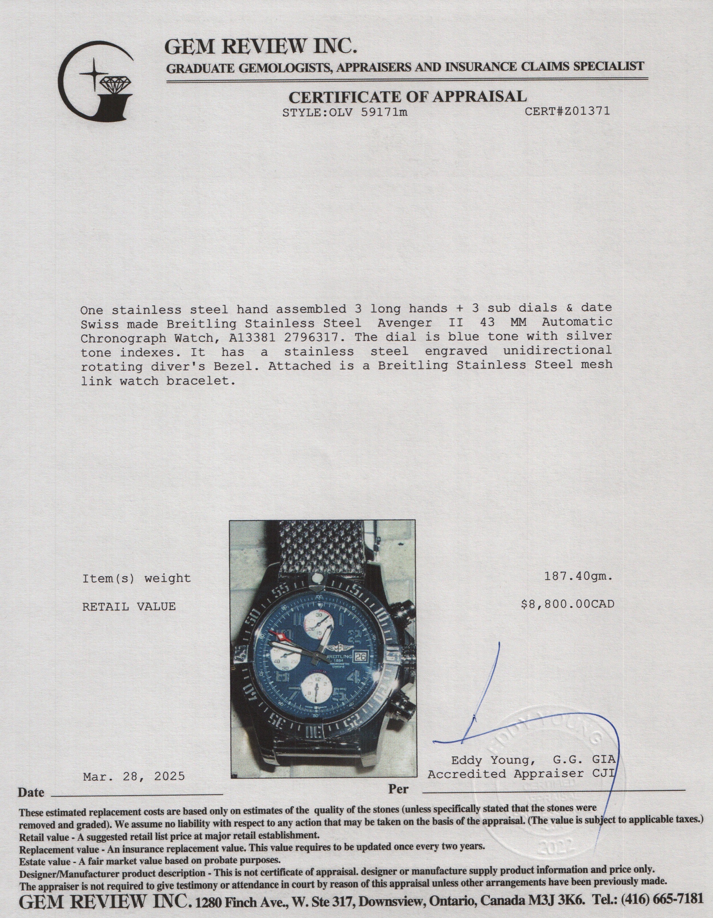 Breitling Stainless Steel Avenger II 43 MM Automatic Chronograph Watch Blue Dial A13381 w/ Box & Papers