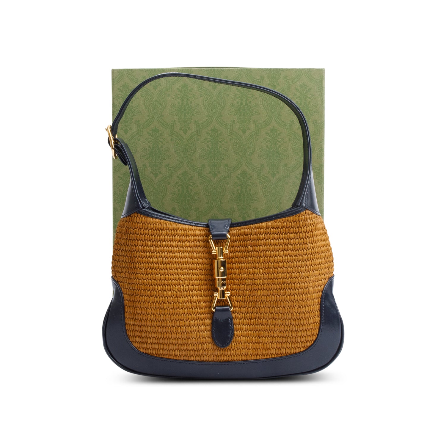 Gucci Neutral Raffia Black Leather Small Jackie 1961 Shoulder Bag w/ Strap & Box