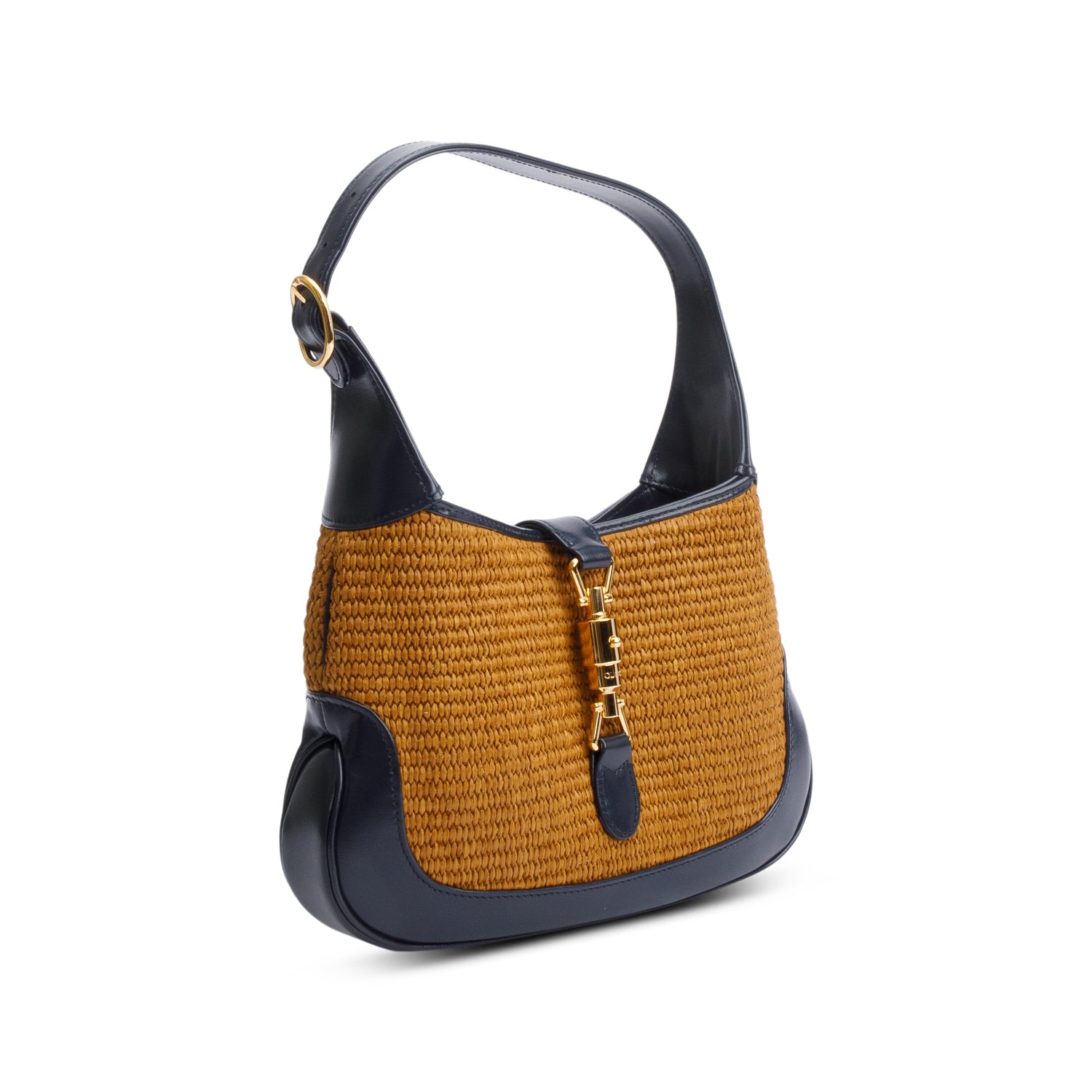 Gucci Neutral Raffia Black Leather Small Jackie 1961 Shoulder Bag w/ Strap & Box