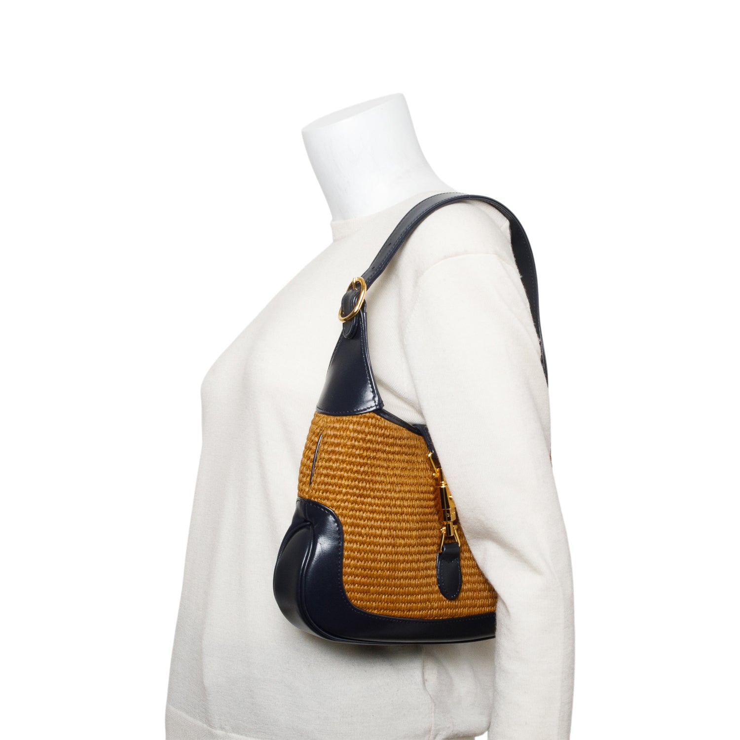 Gucci Neutral Raffia Black Leather Small Jackie 1961 Shoulder Bag w/ Strap & Box