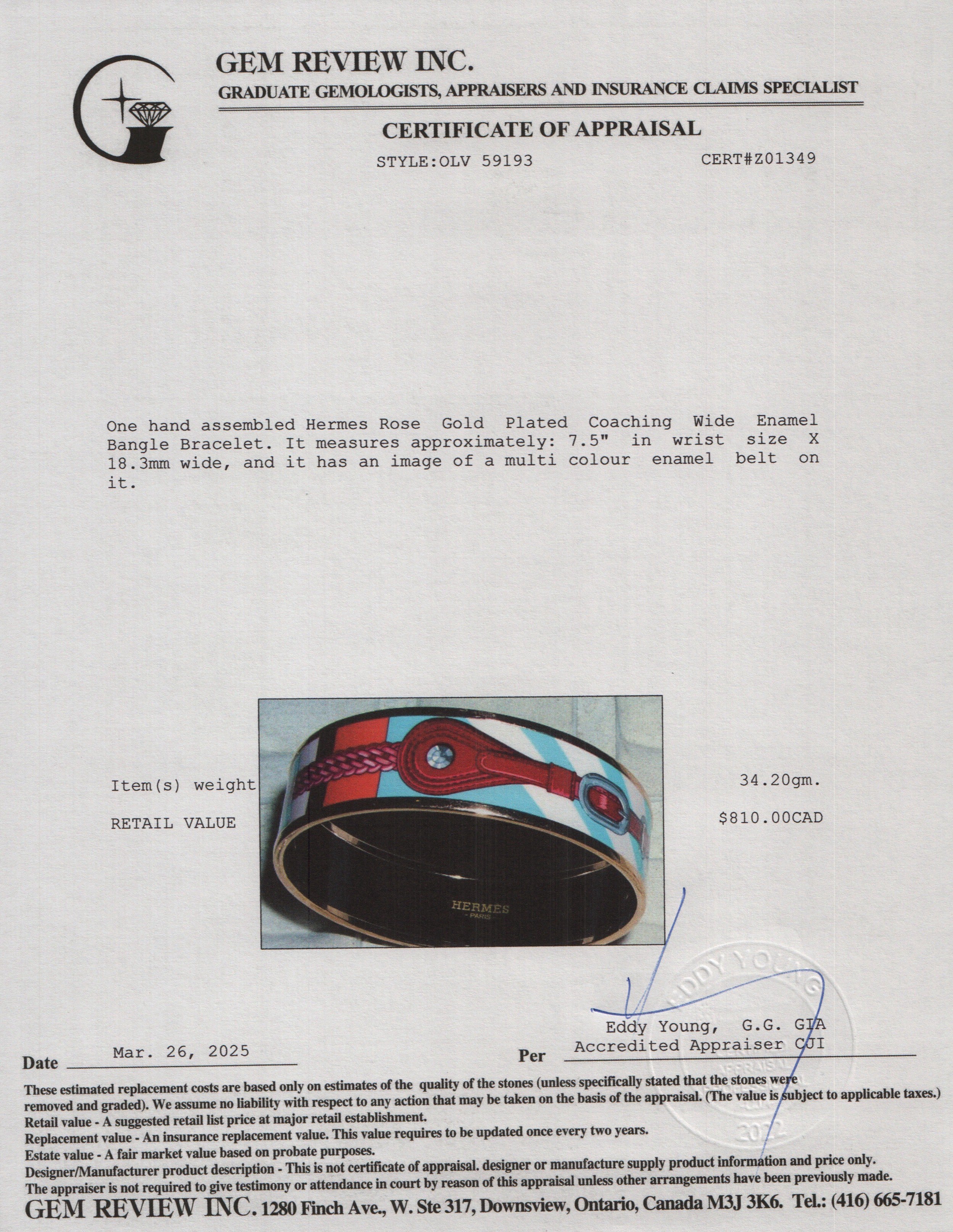 Hermes Rose Gold Plated Coaching Wide Enamel Bangle Bracelet w/ Box