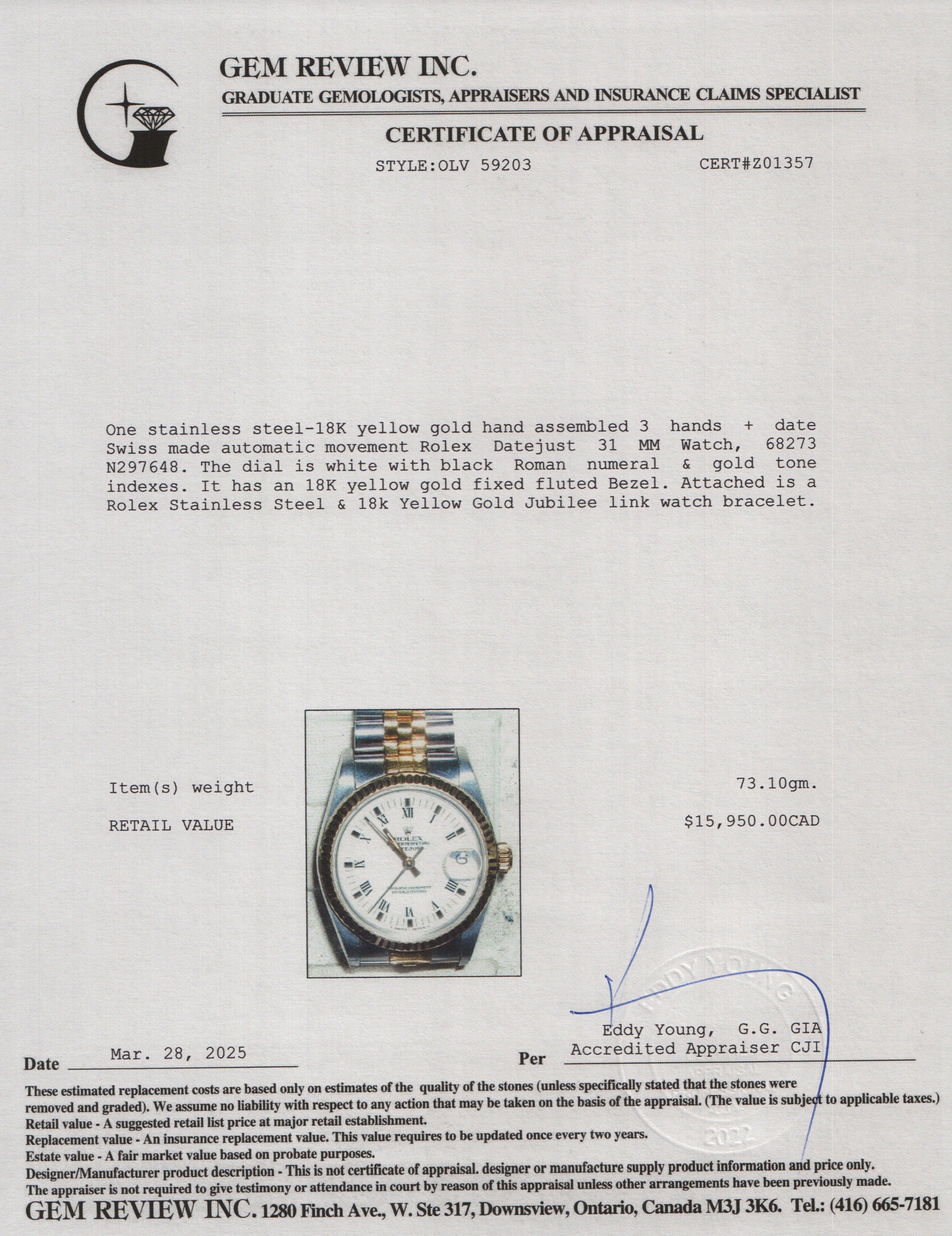 Rolex Stainless Steel & 18k Yellow Gold Datejust 31 MM Watch White Dial 68273