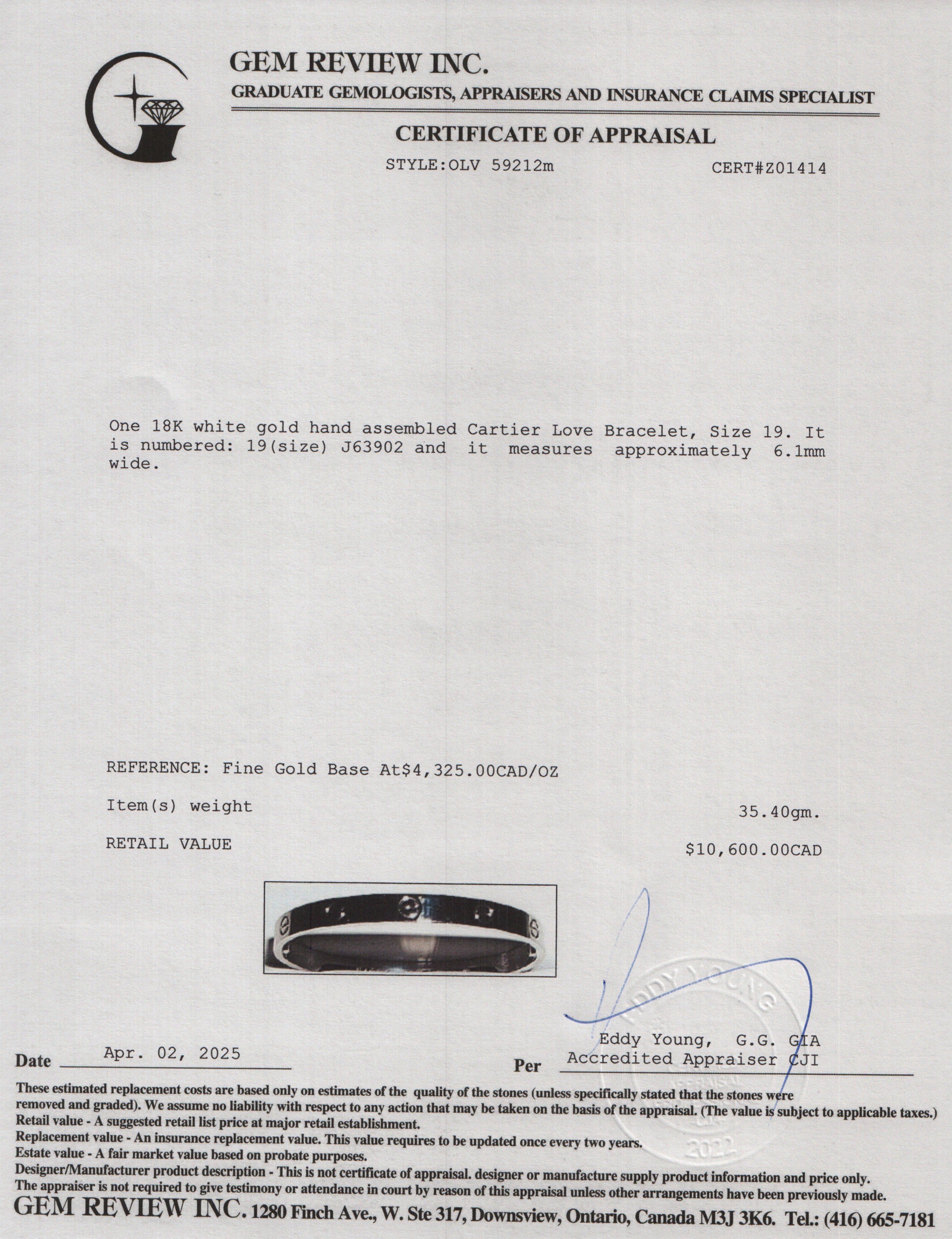 Cartier 18k White Gold Love Bracelet, Size 19