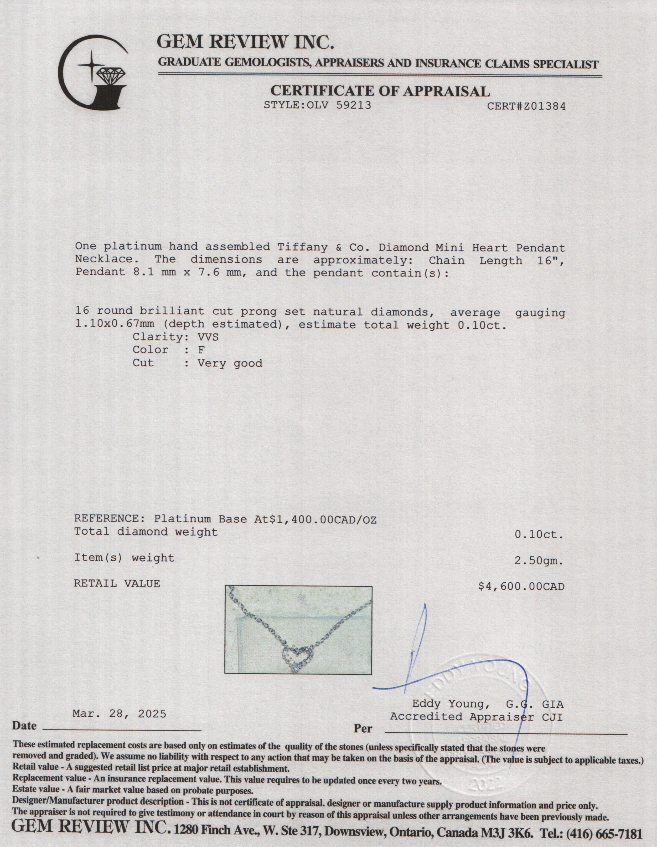 Tiffany & Co. Platinum Diamond Mini Heart Pendant Necklace w/ Box