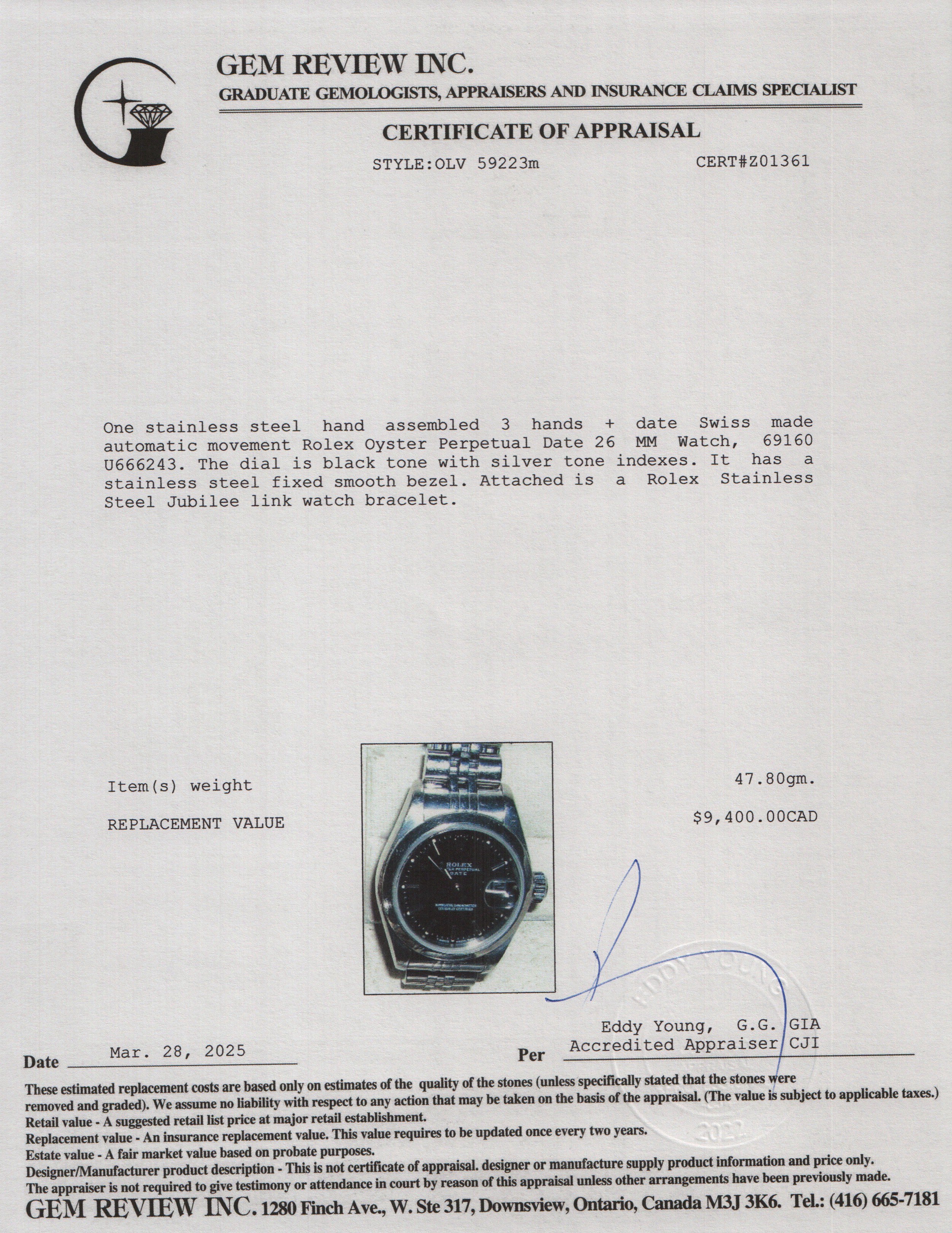 Rolex Stainless Steel Oyster Perpetual Date 26 MM Watch Black Dial 69160 w/ Box & Papers