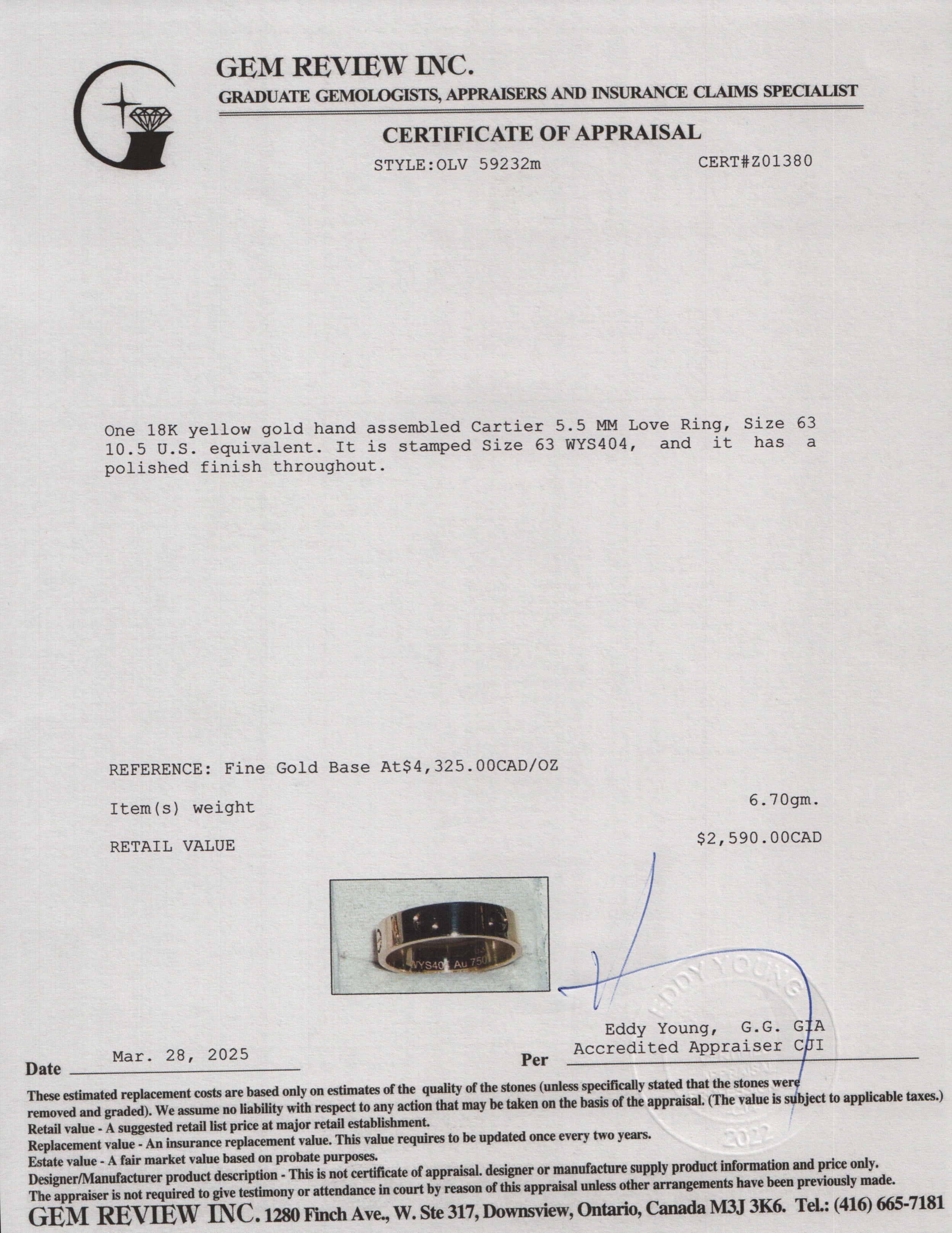 Cartier 2024 18k Yellow Gold 5.5 MM Love Ring, Size 63 10.5 w/ Box, Certificate & Receipt