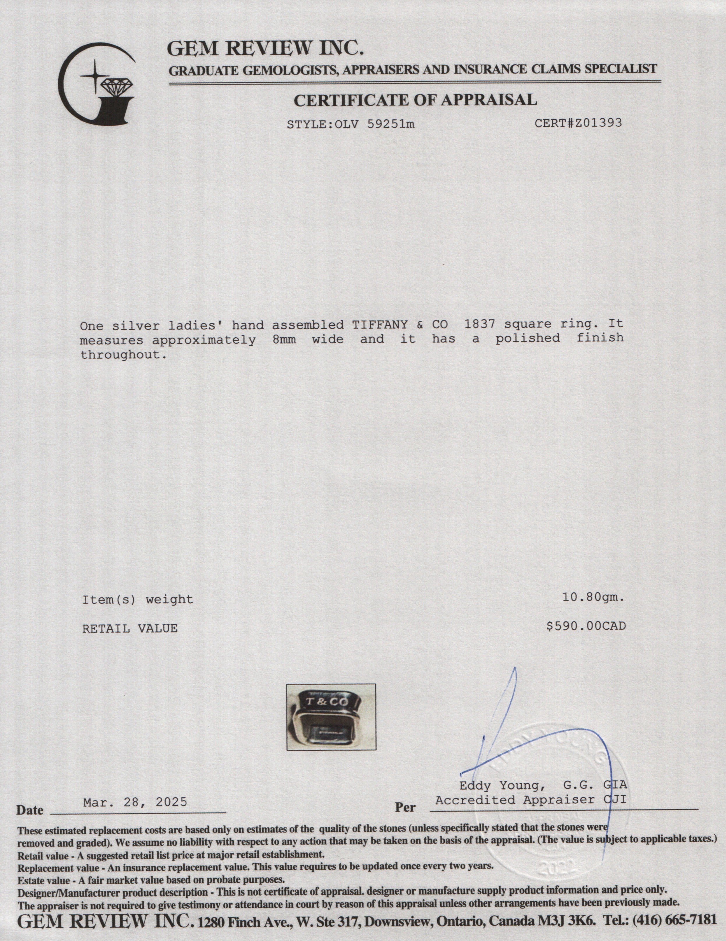 Tiffany & Co. Sterling Silver 1837 Square Ring, Size 7.5