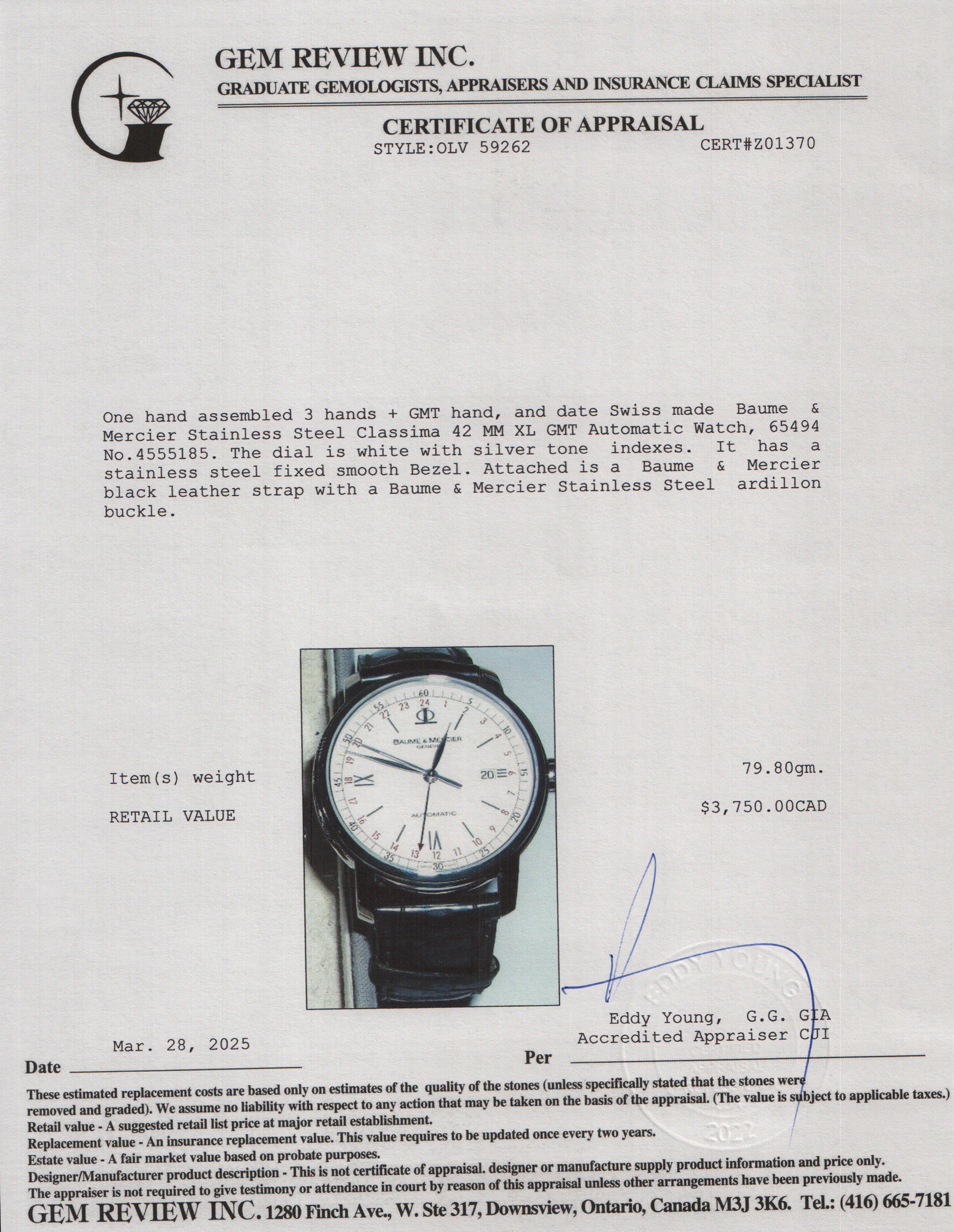 Baume & Mercier Stainless Steel Classima 42 MM XL GMT Automatic Watch w/ Box