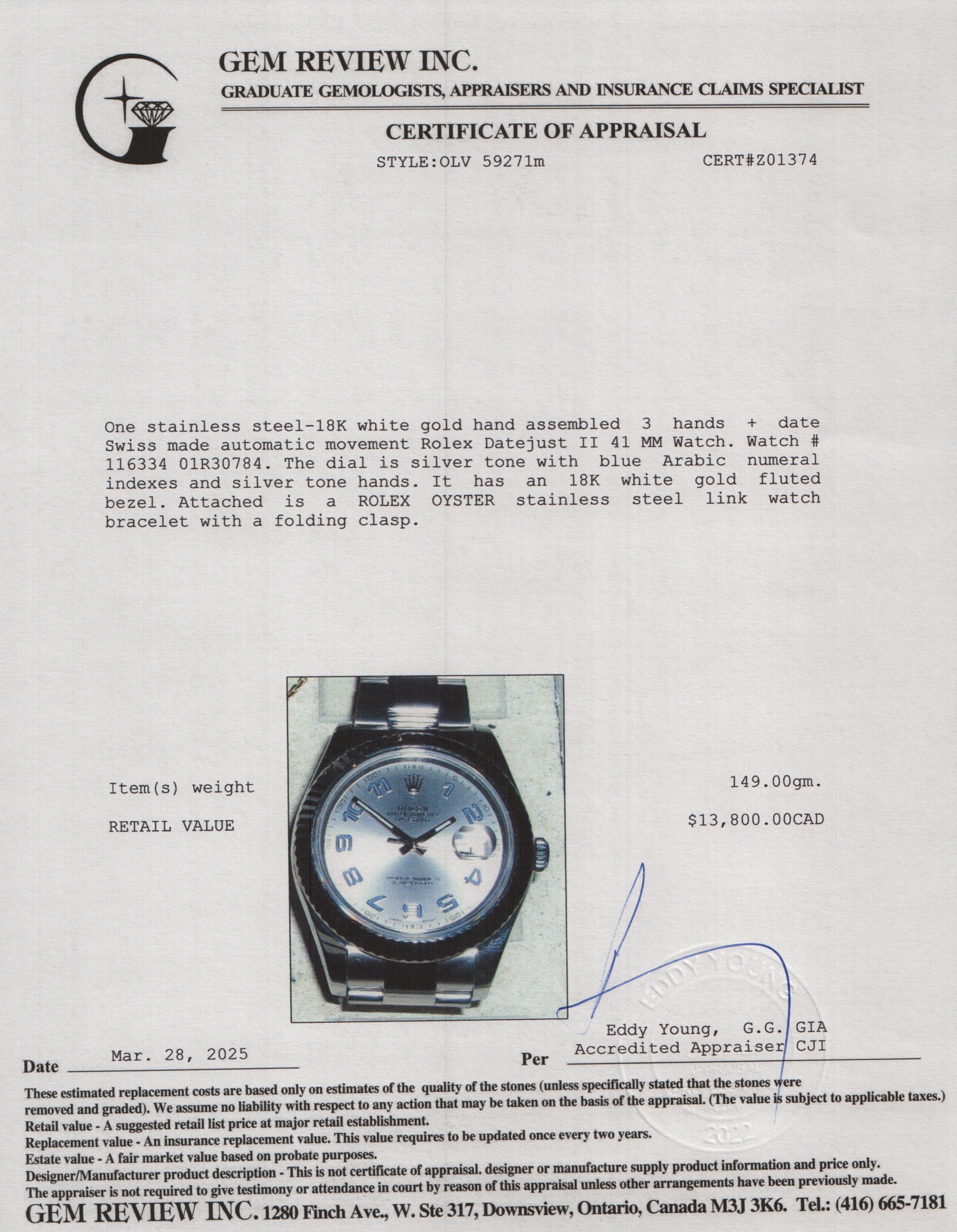 Rolex Stainless Steel Datejust II 41 MM Watch 116334 w/ Box & Papers