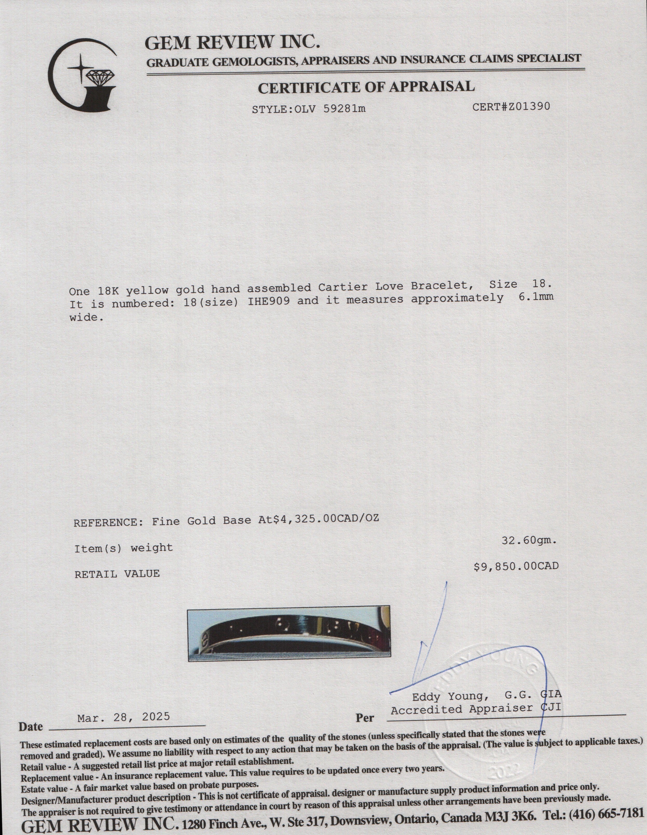 Cartier 18k Yellow Gold Love Bracelet, Size 18 w/ Box & Certificate