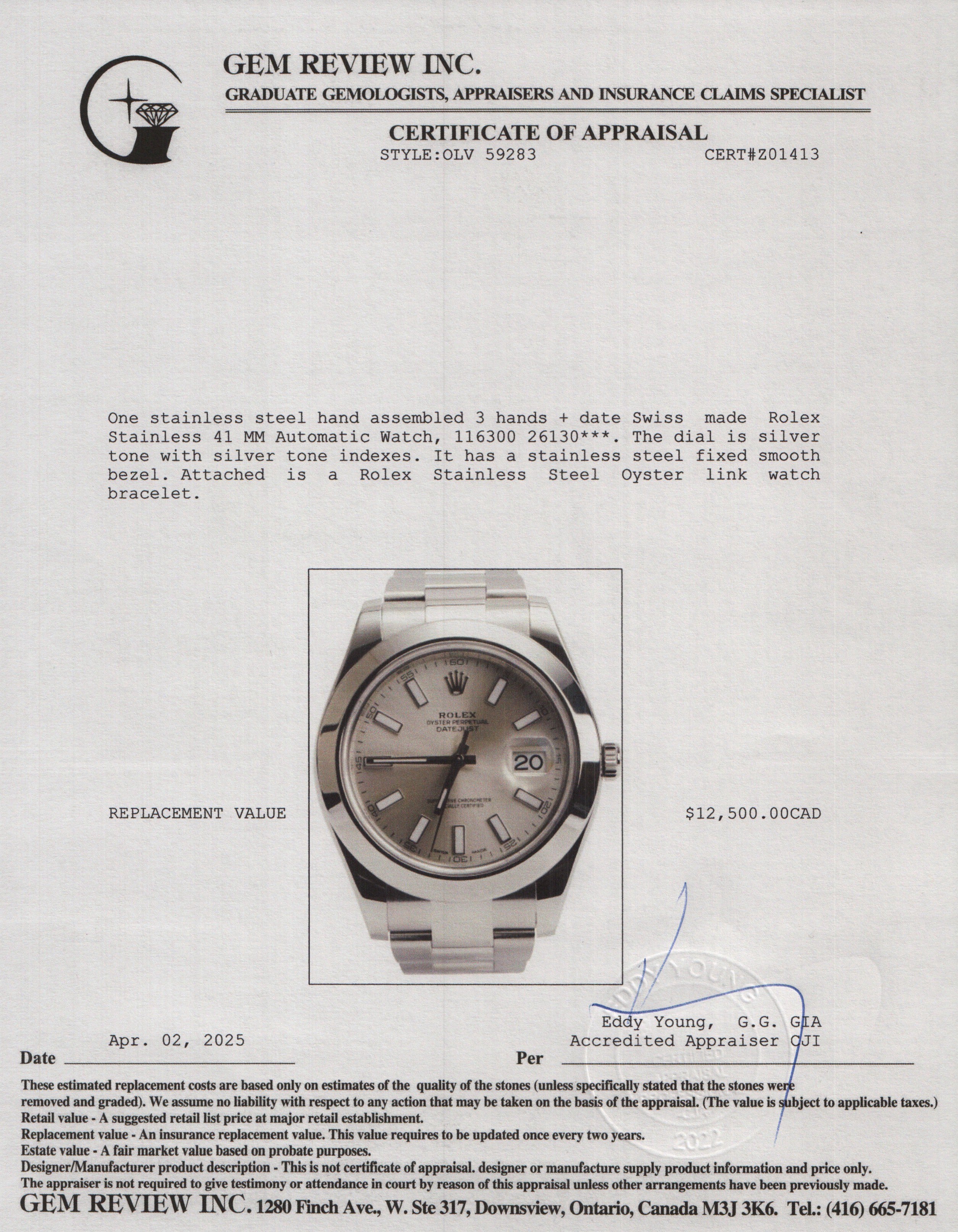 Rolex Stainless Steel Datejust 41 MM Automatic Watch Silver Dial 116300 w/ Box & Papers