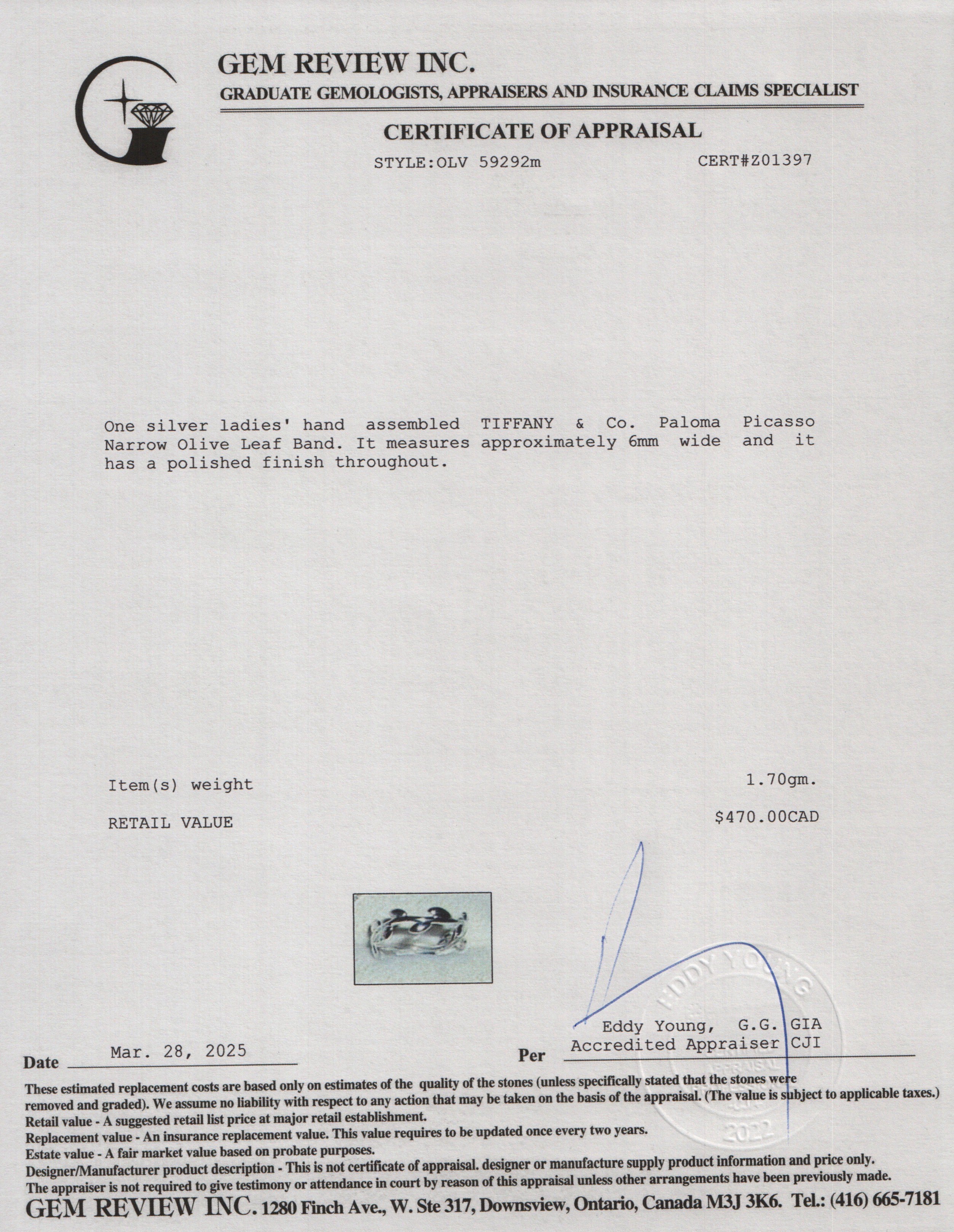 Tiffany & Co. Paloma Picasso Sterling Silver Narrow Olive Leaf Band Ring, Size 5